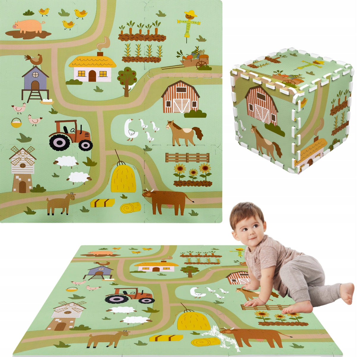 THICK FOAM PUZZLE FLOOR FOAM MAT 90x90 VILLAGE COUNTRY ROADS