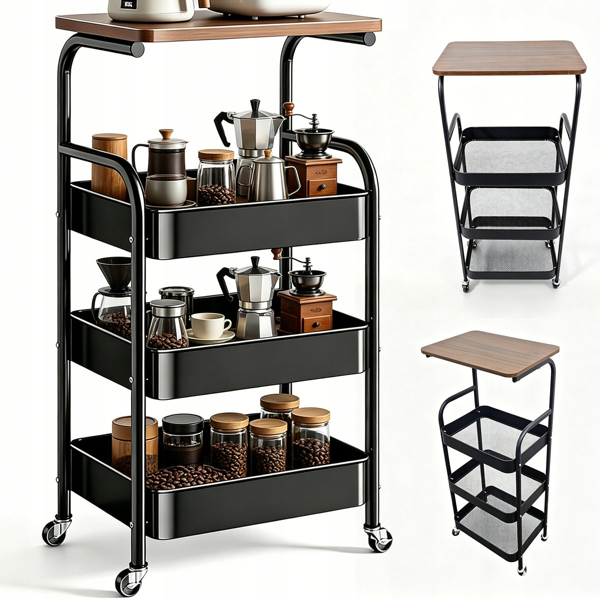 THREE-LEVEL MOBILE KITCHEN TROLLEY WITH WOODEN TOP BLACK