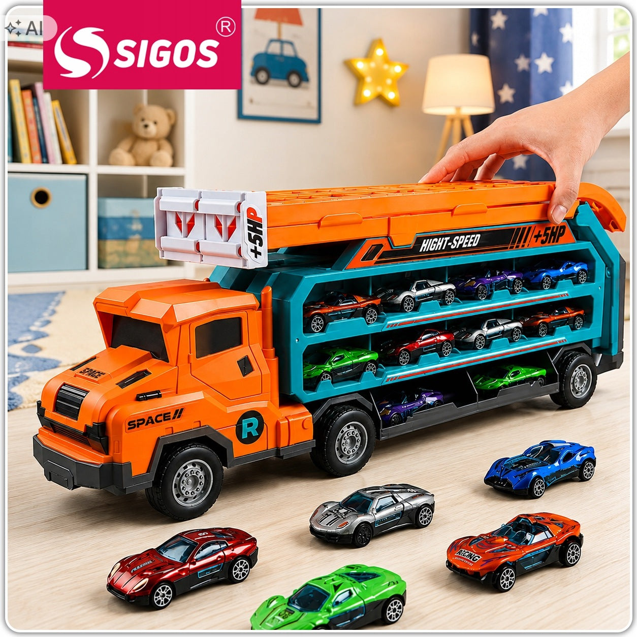 TIR TOW TRUCK RACE TRACK LAUNCHER GARAGE PARKING + 6 METAL CARS Manufacturer code 6TY1000OG1000