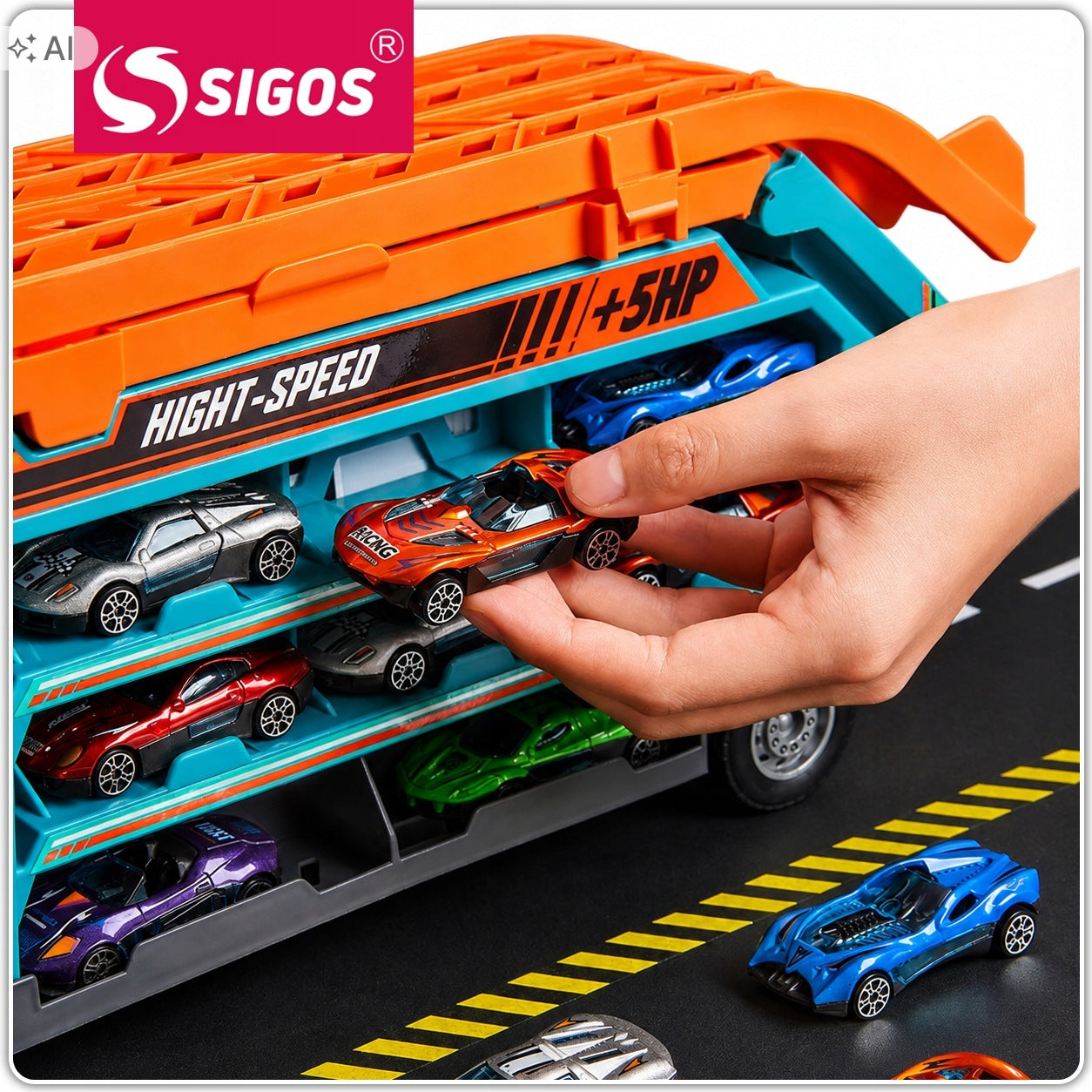 TIR TOW TRUCK RACE TRACK LAUNCHER GARAGE PARKING + 6 METAL CARS Packaging status original