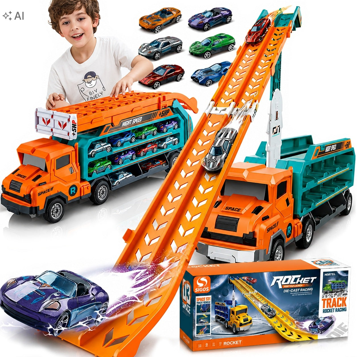 TIR TOW TRUCK RACE TRACK LAUNCHER GARAGE PARKING + 6 METAL CARS