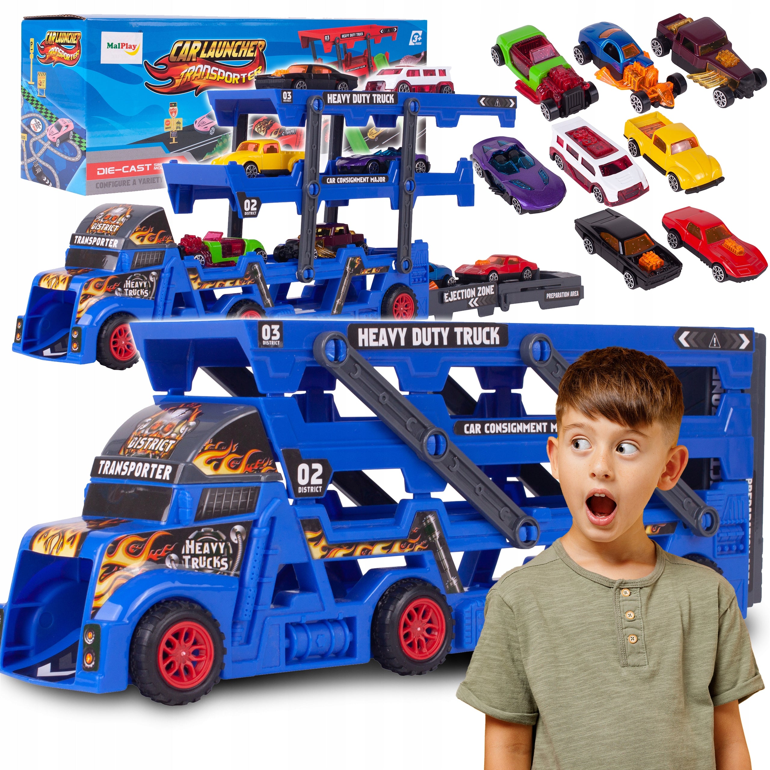 TIR TOW TRUCK WITH CAR LAUNCHER SET OF 8 CARS TRUCK TOY