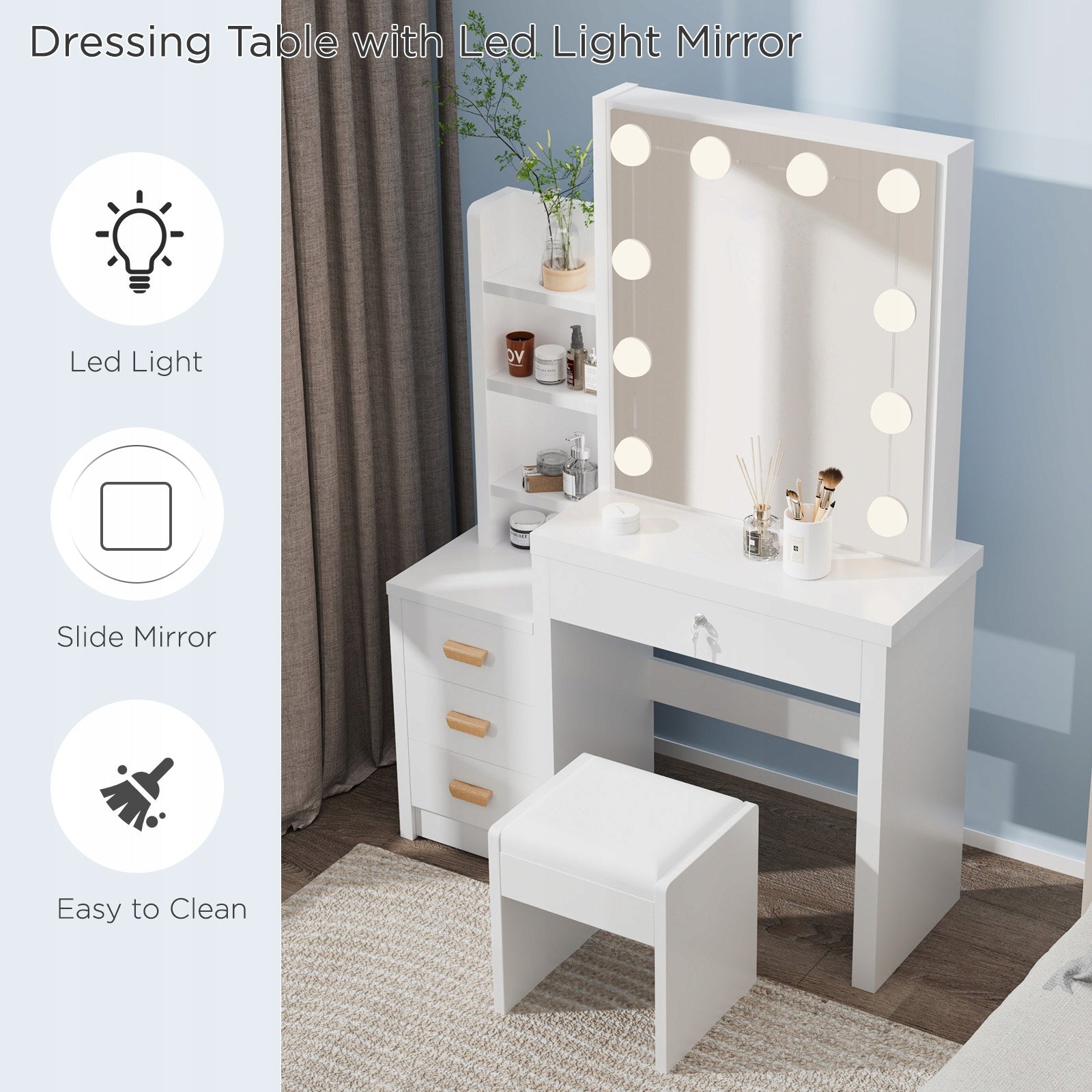TOALETKA KOSMETYCZNA BIAŁA Z LED LUSTREM + 4 SZUFLADY + TABORET Furniture color white