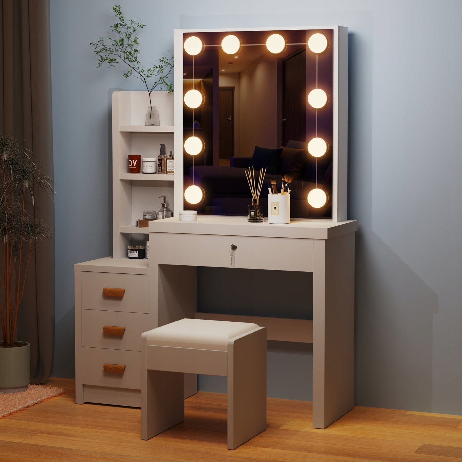 TOALETKA KOSMETYCZNA BIAŁA Z LED LUSTREM + 4 SZUFLADY + TABORET Furniture width 80 cm