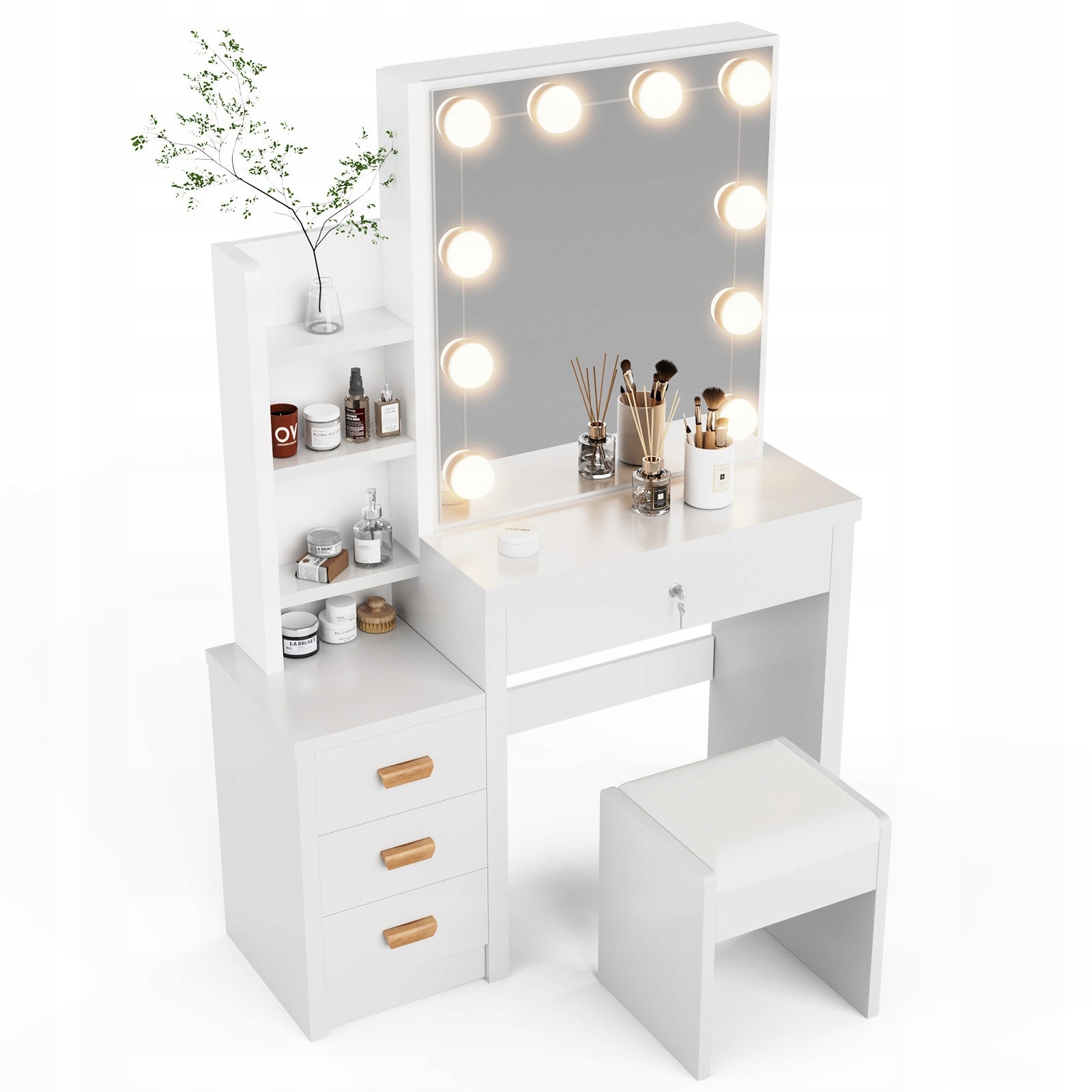 TOALETKA KOSMETYCZNA BIAŁA Z LED LUSTREM + 4 SZUFLADY + TABORET
