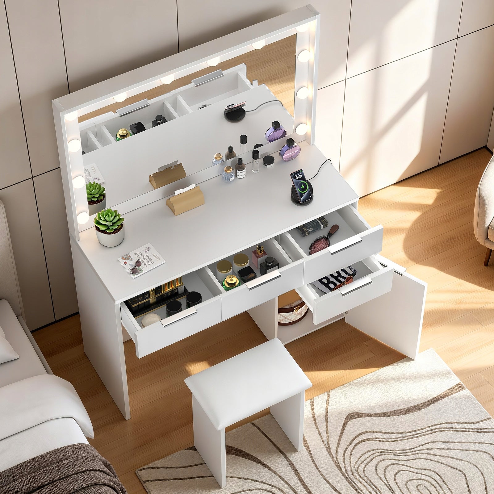 TOALETKA KOSMETYCZNA Z TABORET, LUSTREM SZUFLADY, FUNKCJA ŁADOWANIA - BIAŁA Furniture color white