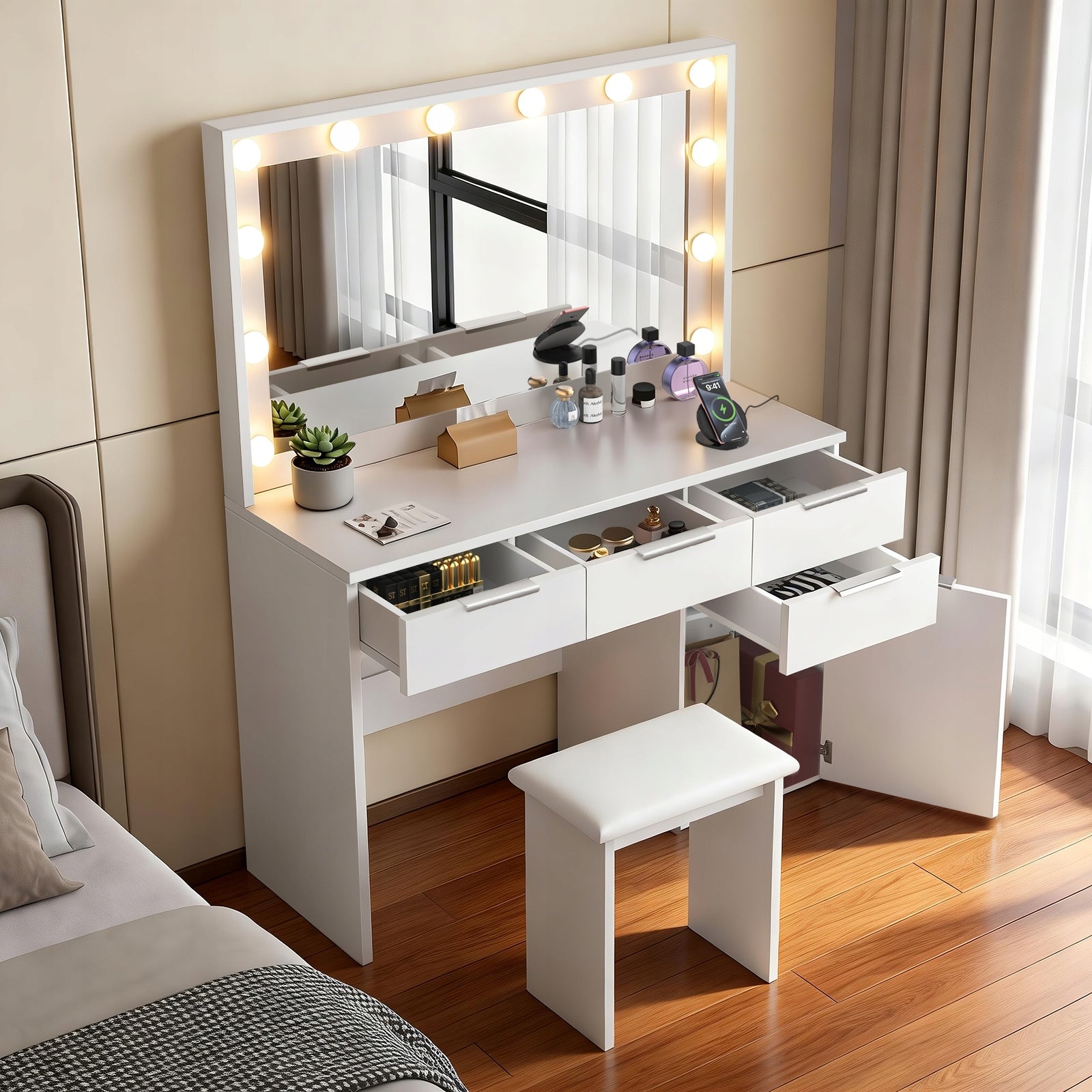 TOALETKA KOSMETYCZNA Z TABORET, LUSTREM SZUFLADY, FUNKCJA ŁADOWANIA - BIAŁA Furniture height 140 cm