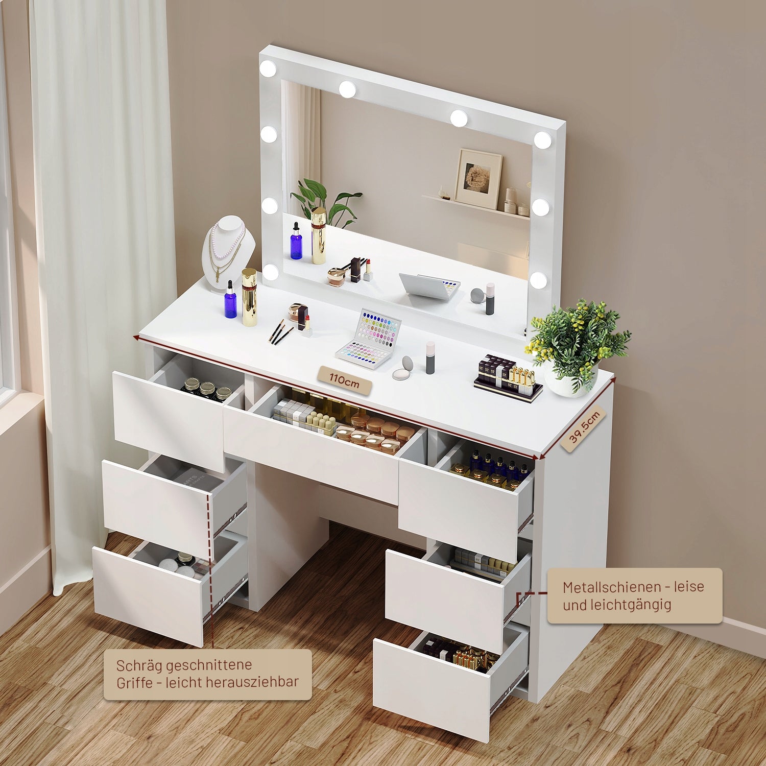 TOALETKA KOSMETYCZNA z 7 SZUFLADY i LUSTREM 10 LED DO MAKIJAŻU WIZAŻU BIAŁA Furniture depth 40 cm