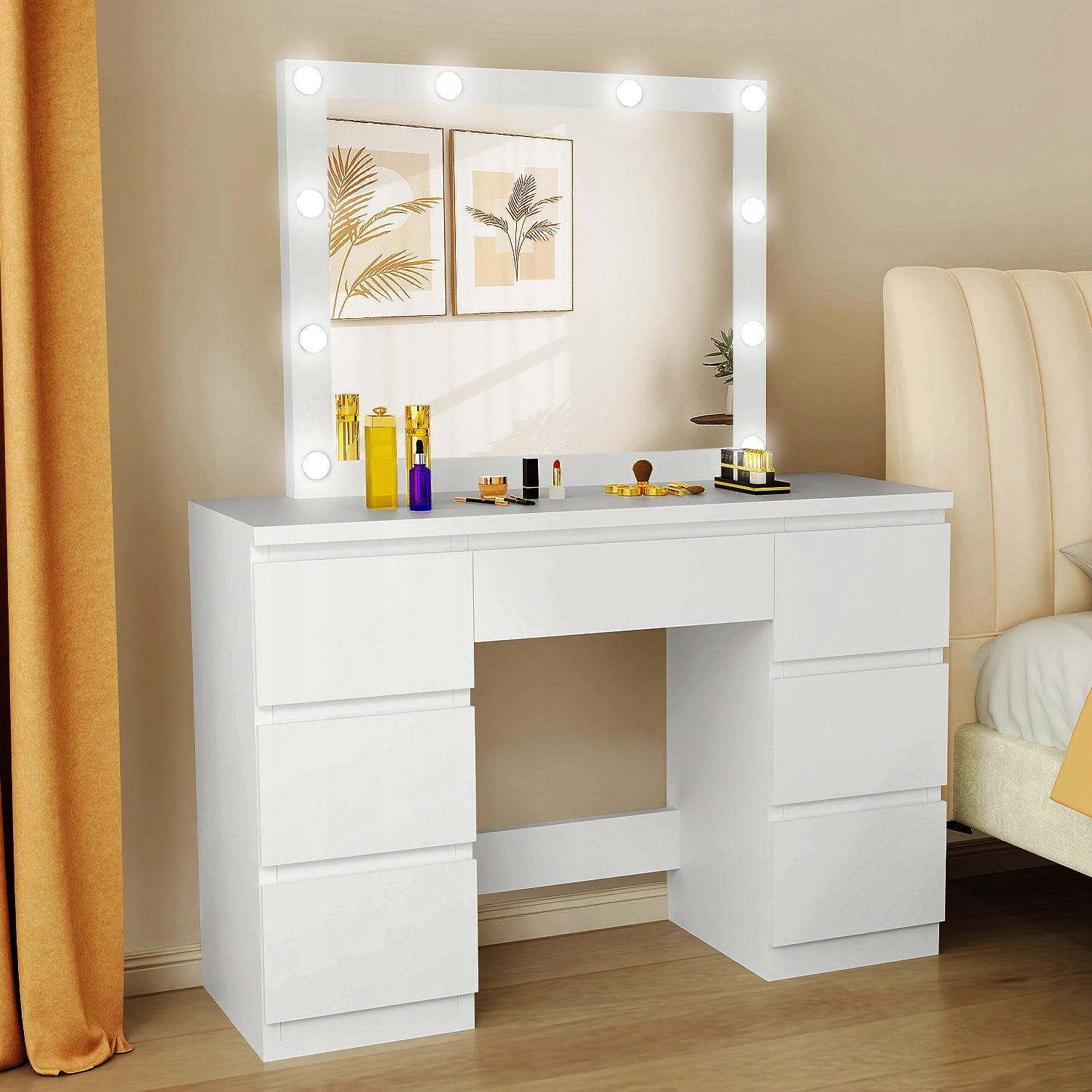 TOALETKA KOSMETYCZNA z 7 SZUFLADY i LUSTREM 10 LED DO MAKIJAŻU WIZAŻU BIAŁA Furniture width 110 cm