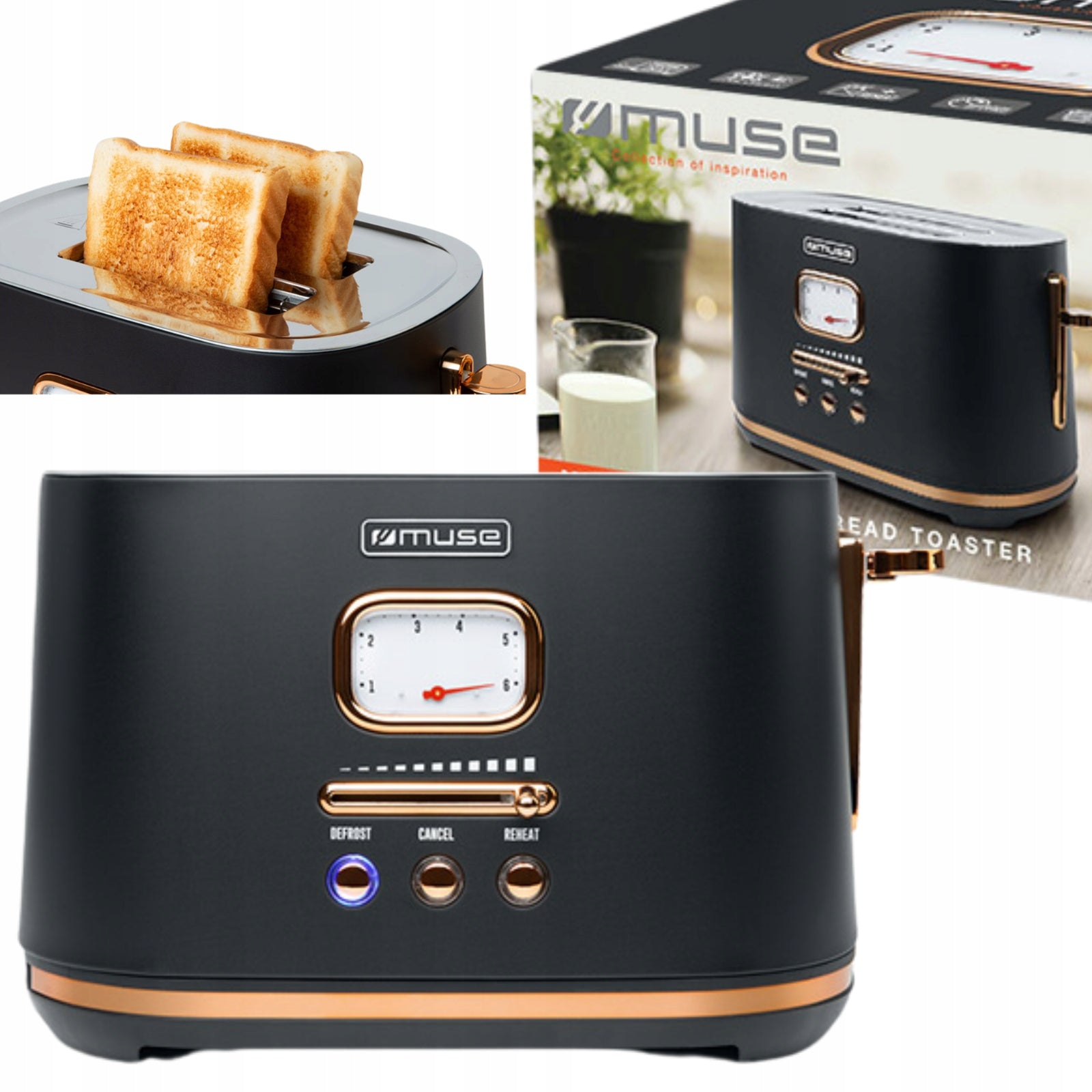 TOASTER RETRO 1000W 2TOAST BLACK MATT/GOLD MUSE MS-130BC