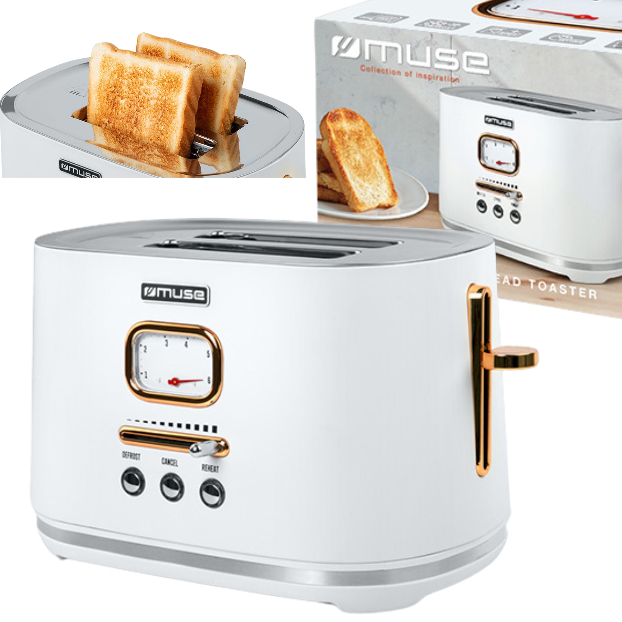 TOASTER RETRO 1000W FOR 2 TOAST WHITE/GOLD ELEMENTS MUSE MS-130W