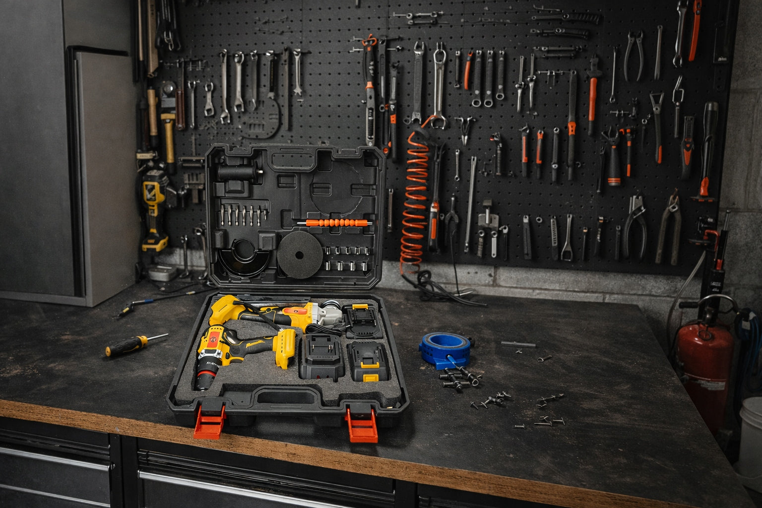 TOOL SET GRINDER 125MM + SCREWDRIVER WITH IMPACT - 2 BATTERIES CHARGER Packaging status original