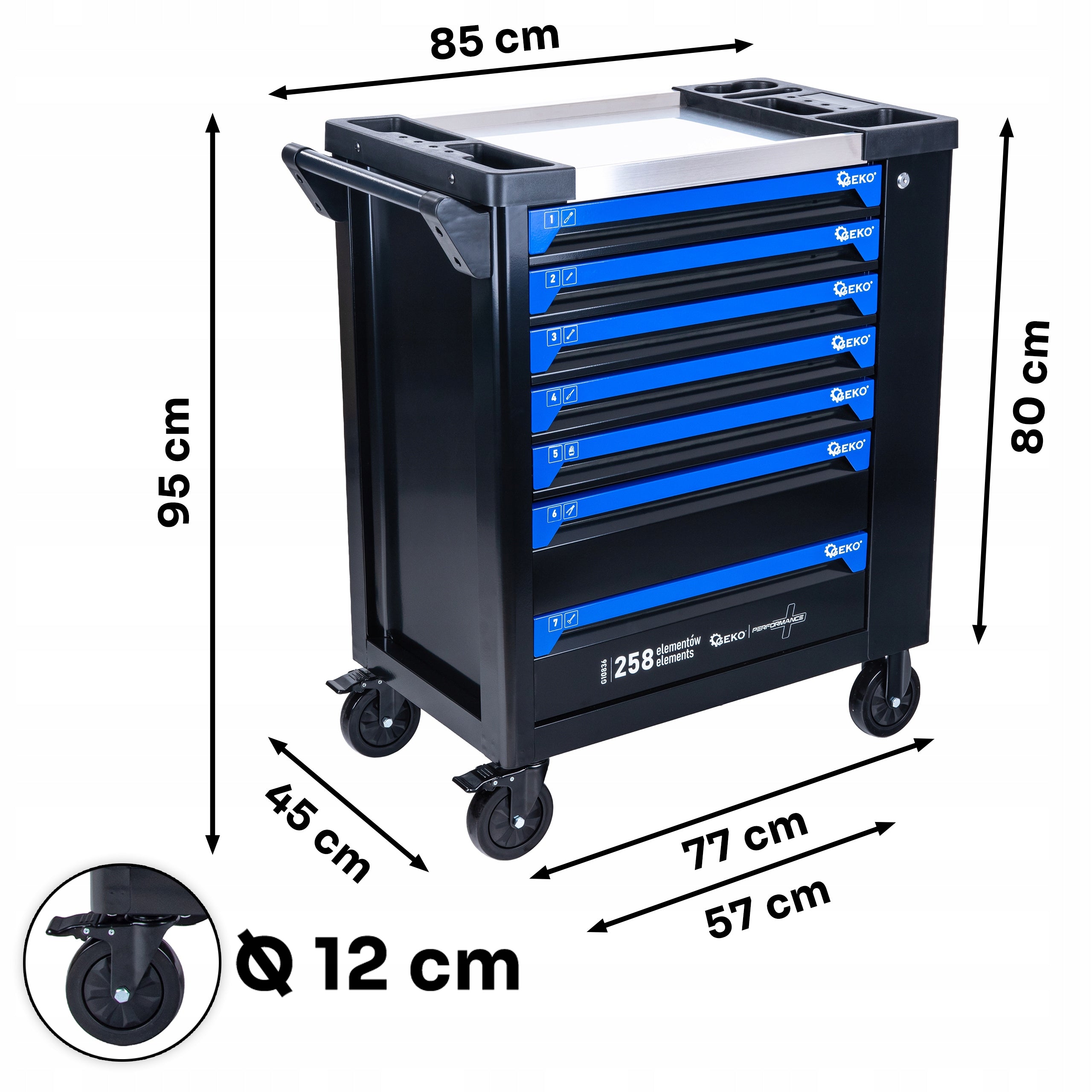 TOOL TROLLEY CABINET WITH EQUIPMENT HANDY 258 EL. STEEL 7 DRAWERS Brand Geko