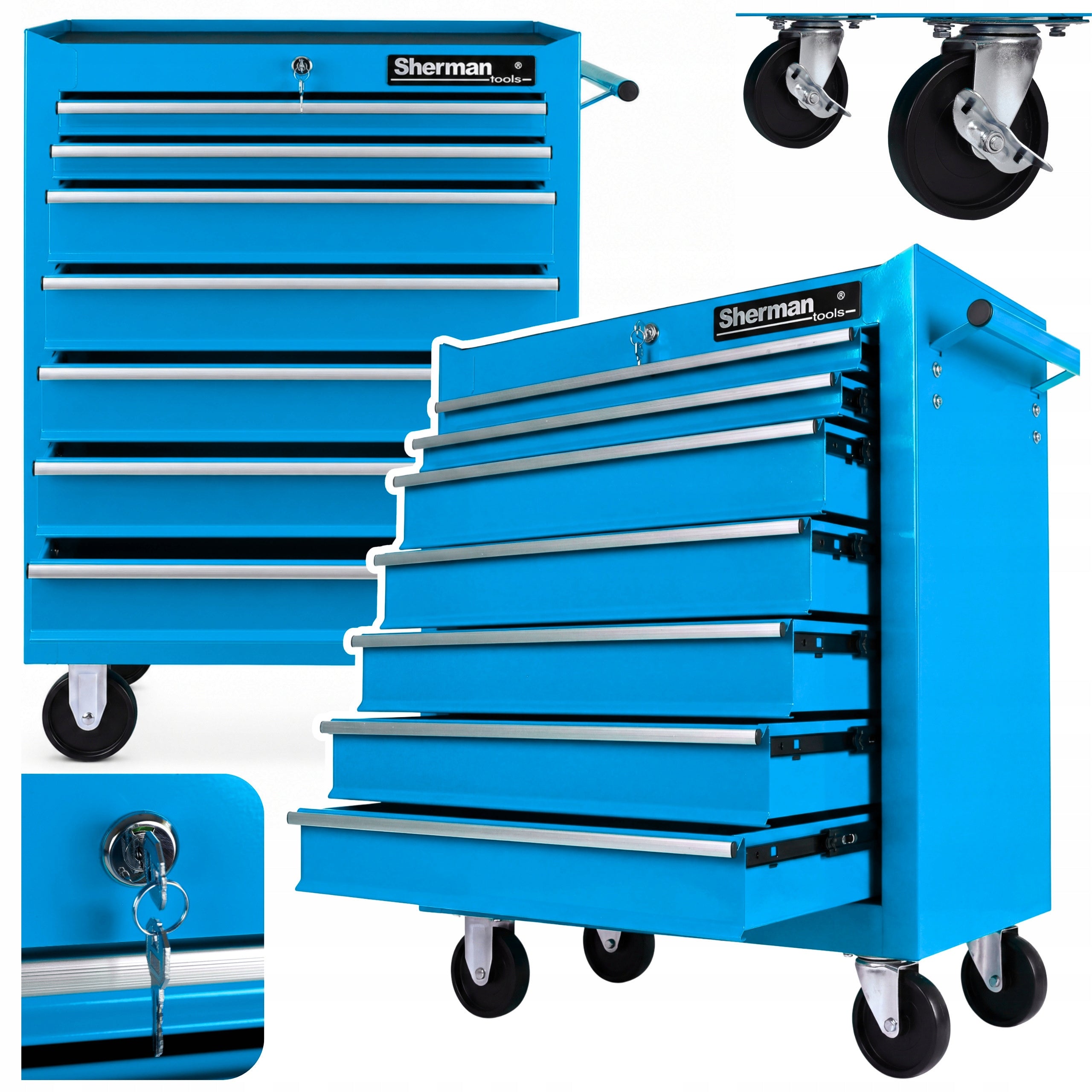 TOOL TROLLEY WORKSHOP CABINET on wheels Sherman 7 DRAWERS blue