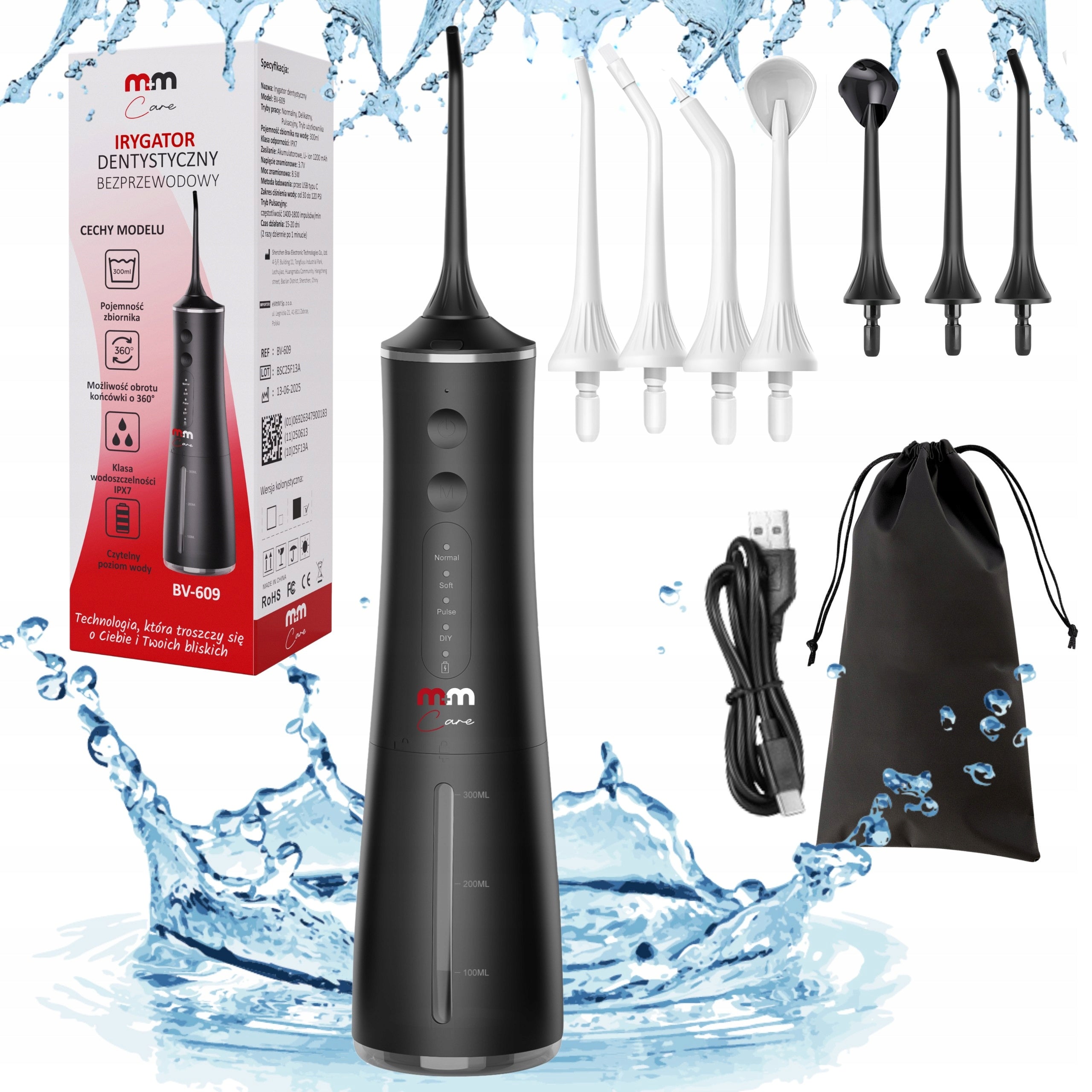 TOOTHBRUSH WIRELESS DENTAL M+MCARE FLOSSER 8 NOZZLES BLACK
