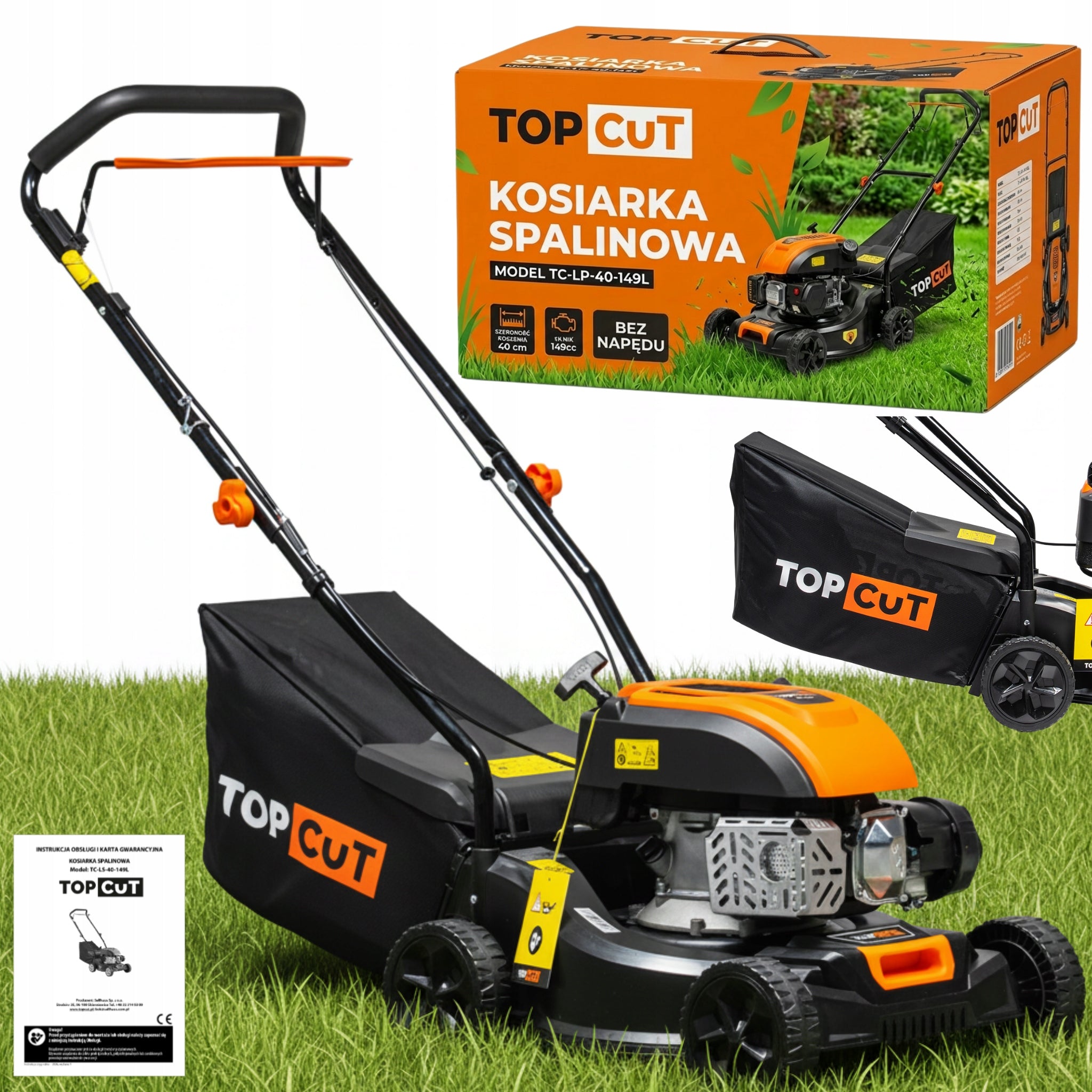 TOP CUT LAWN MOWER WITHOUT DRIVE 149CC 40CM 45L LIGHT REVERSE