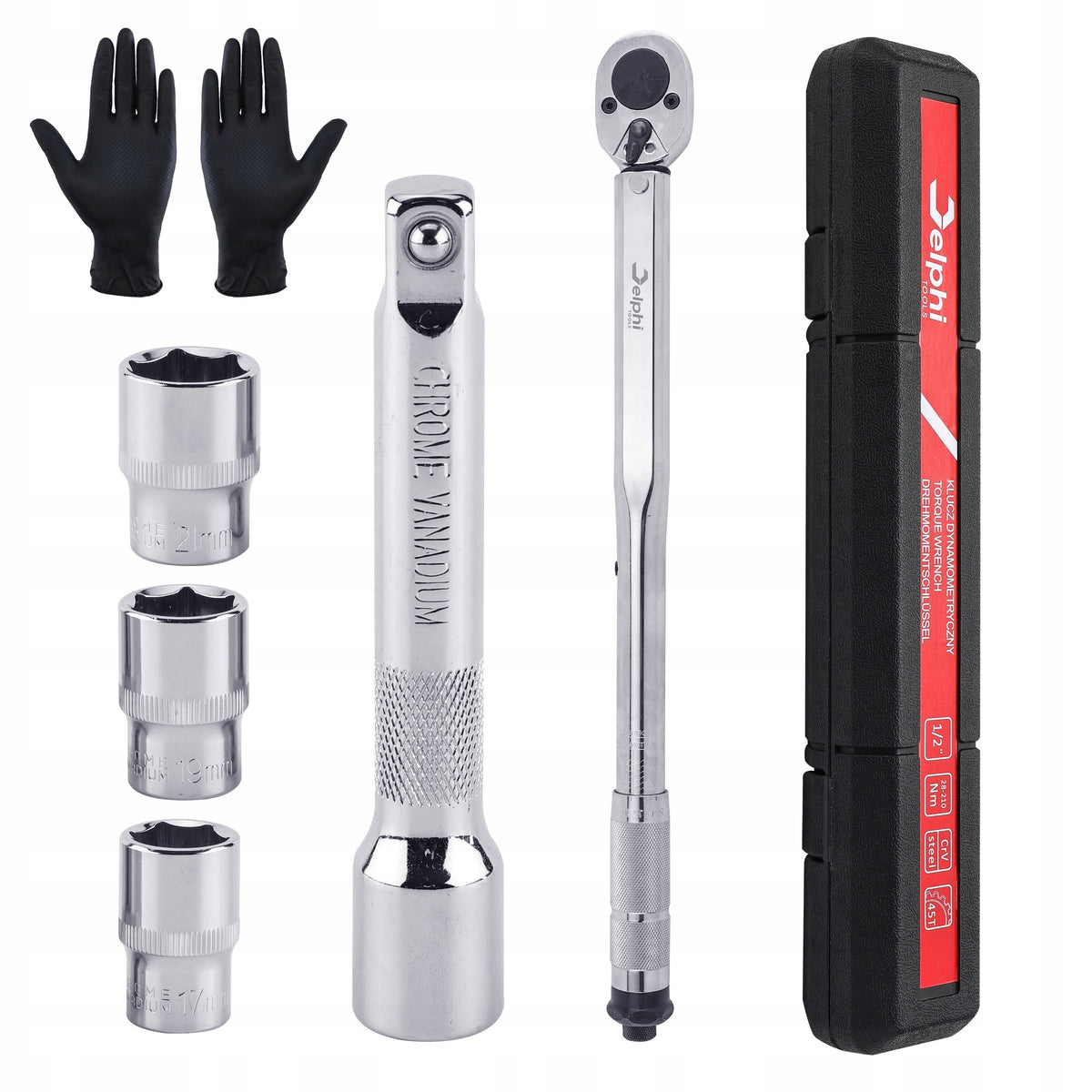 TORQUE WRENCH 1/2 28-210Nm CrMO & CrV + 3 CAPS 17,19,21 mm +- 4% Manufacturer code Klucz Delphi nasadki: 17, 19, 21 mm 1/2"