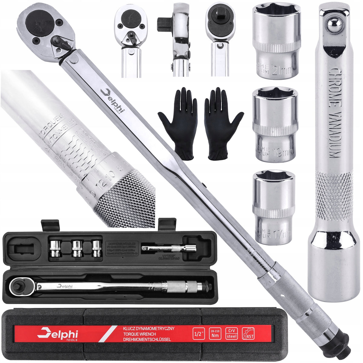 TORQUE WRENCH 1/2 28-210Nm CrMO & CrV + 3 CAPS 17,19,21 mm +- 4%