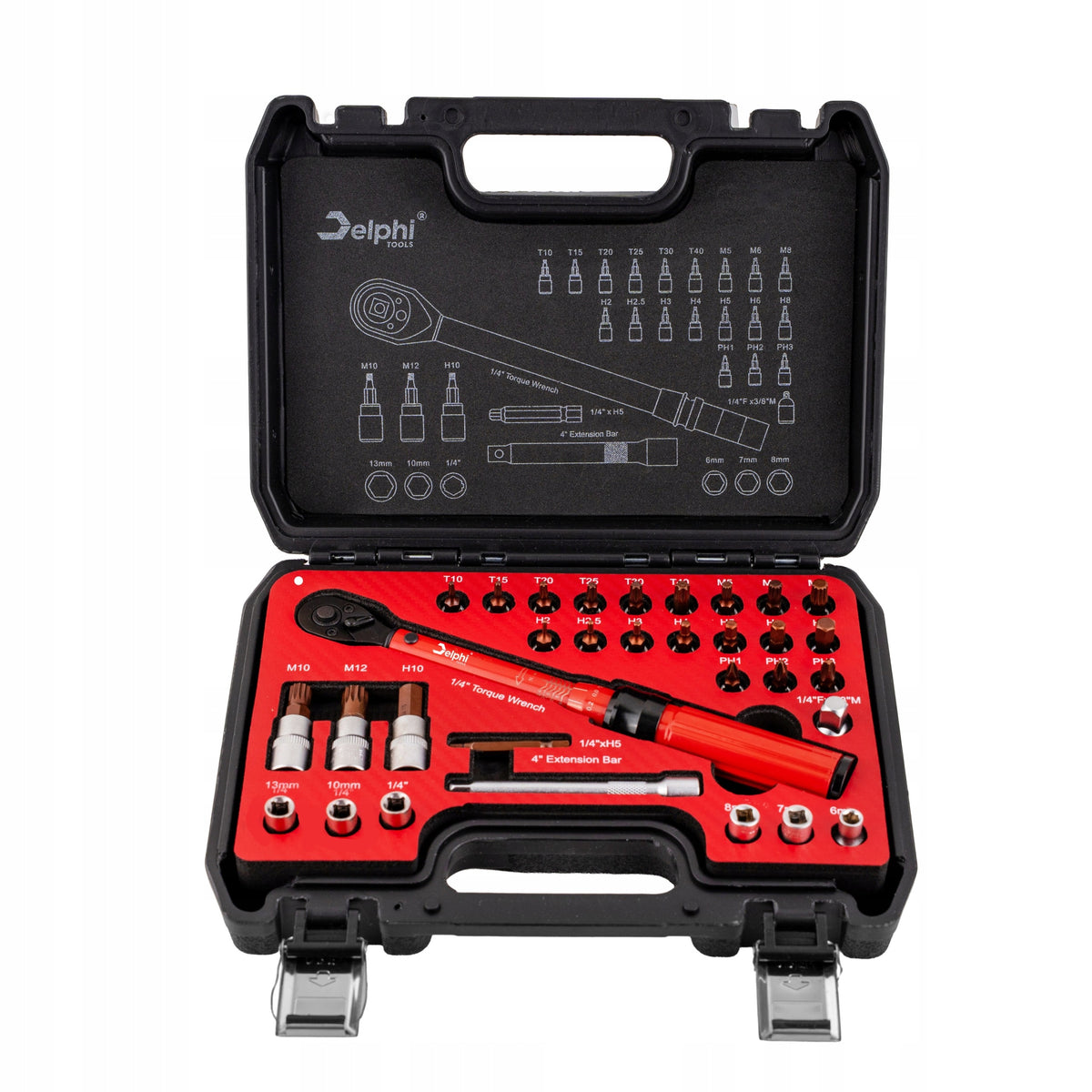 TORQUE WRENCH 1/4" 2-24Nm CrV & S2 + 6 SOCKETS 6,7,8,10,13,1/4 +-3% Manufacturer code Klucz Delphi Nasadki Bity Blokada Certyfikat
