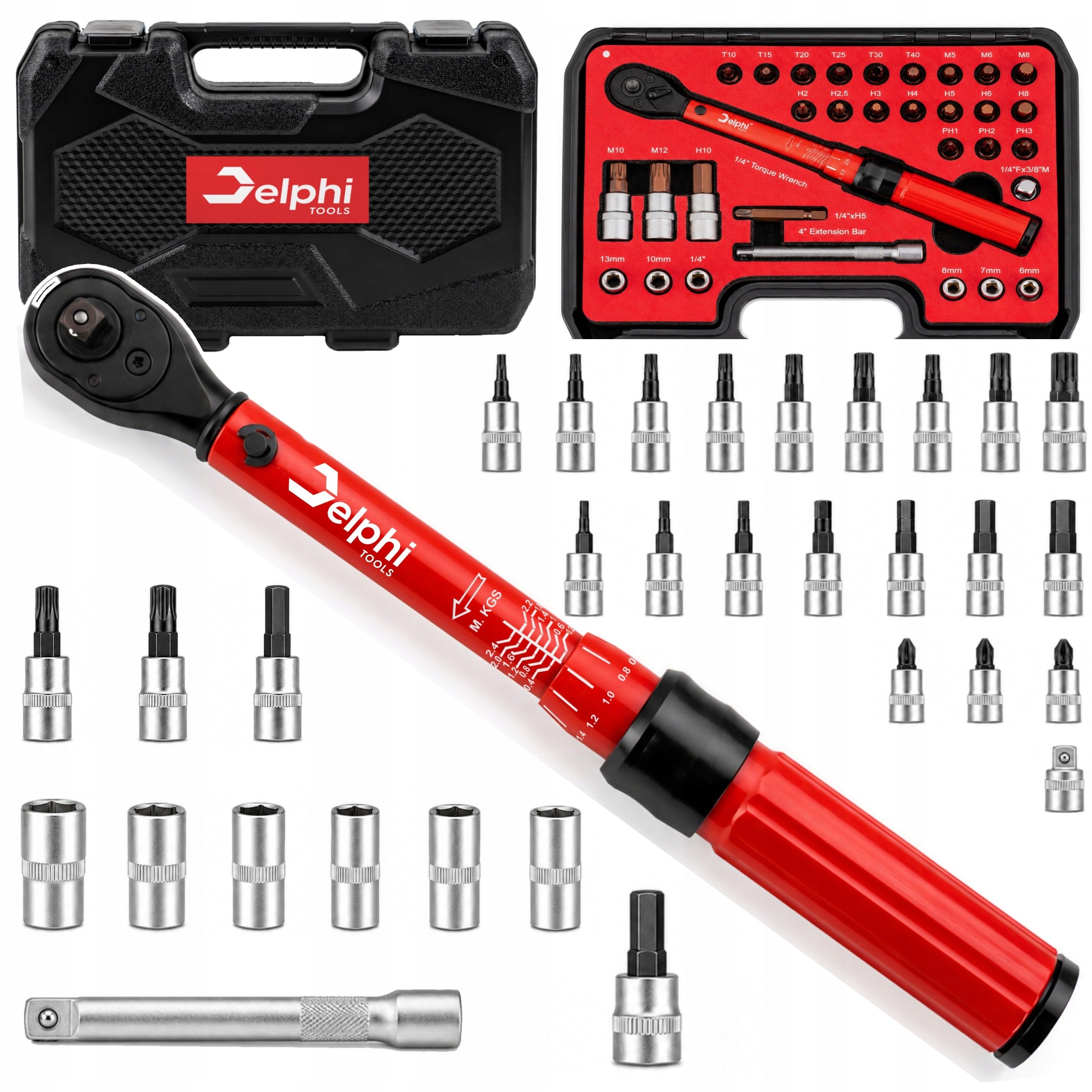 TORQUE WRENCH 1/4" 2-24Nm CrV & S2 + 6 SOCKETS 6,7,8,10,13,1/4 +-3%