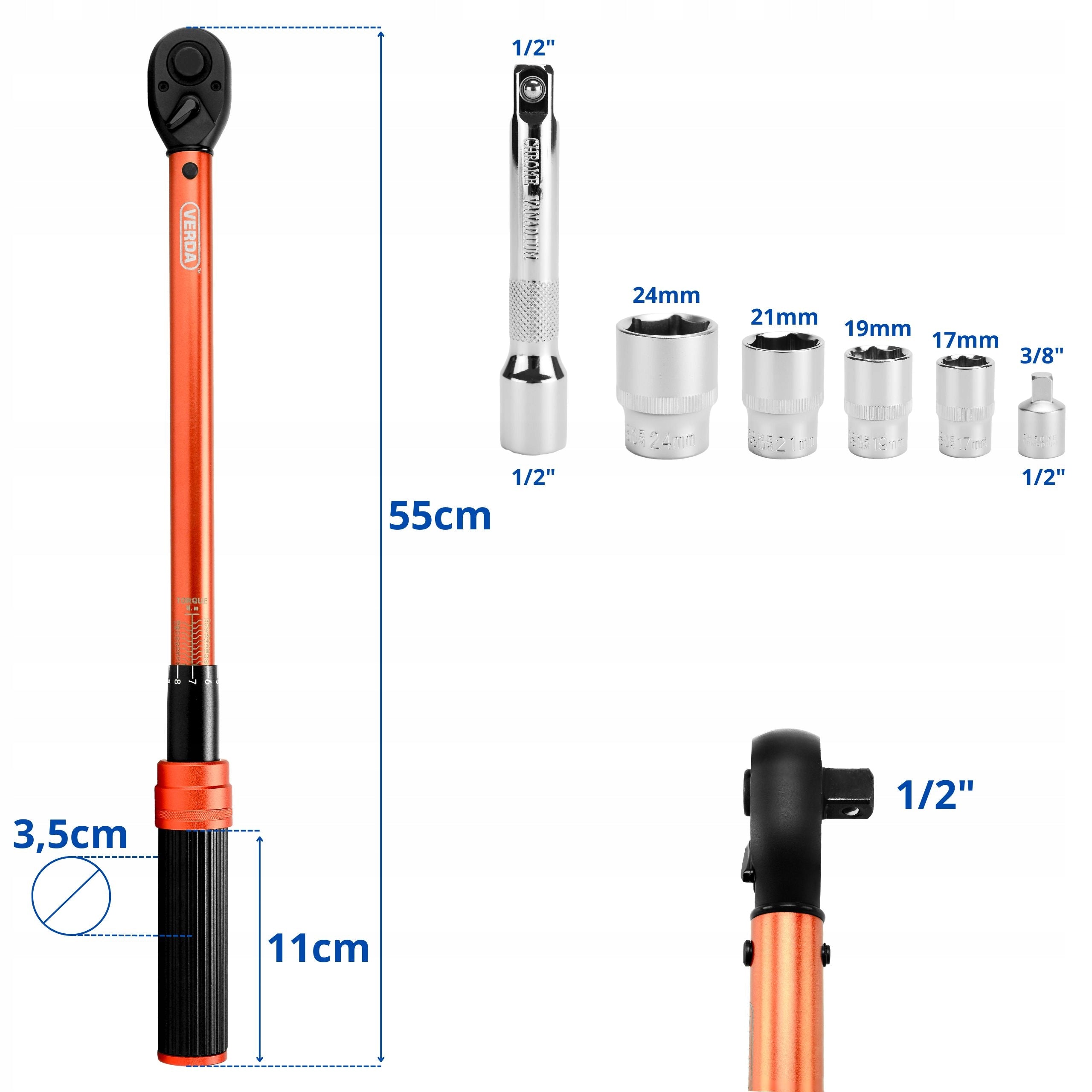 TORQUE WRENCH FOR WHEELS 1/2" 40-220Nm 4 CAPS 17,19,21,24mm SUITCASE Manufacturer code SN1738 KLUCZ DYNAMOMETRYCZNY 1/2" VERDA