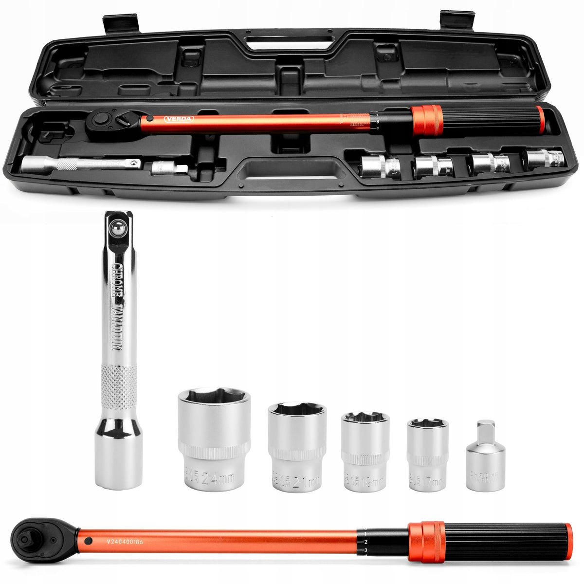TORQUE WRENCH FOR WHEELS 1/2" 40-220Nm 4 CAPS 17,19,21,24mm SUITCASE Packaging status original