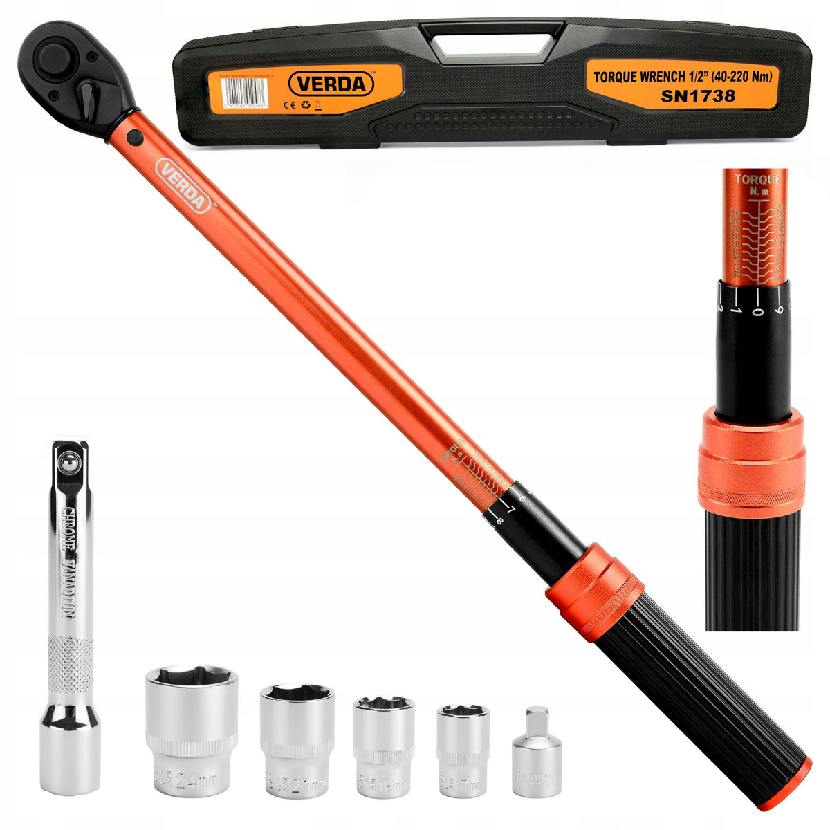 TORQUE WRENCH FOR WHEELS 1/2" 40-220Nm 4 CAPS 17,19,21,24mm SUITCASE