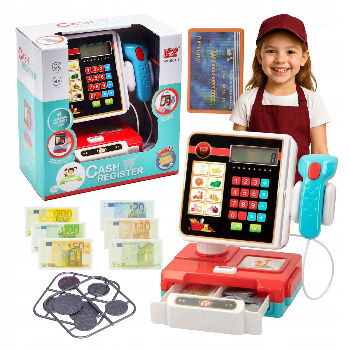 TOUCH CASH REGISTER toy SCANNER MONEY drawer CALCULATOR fun in store