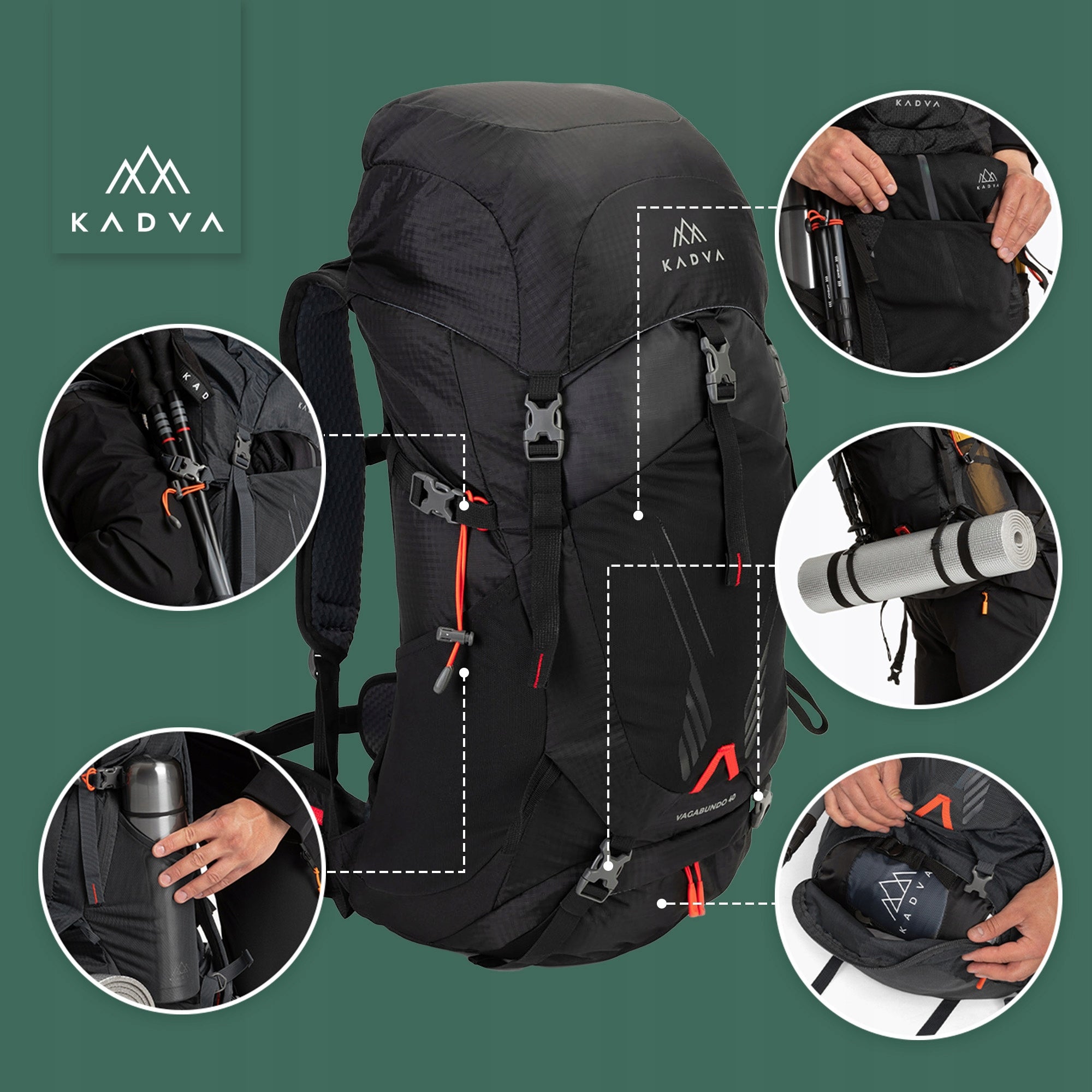 TOURIST BACKPACK KADVA VAGABUNDO 40l BLACK MOUNTAIN TREKKING COVER Manufacturer code Vagabundo FX-KDV-B4C006-BL