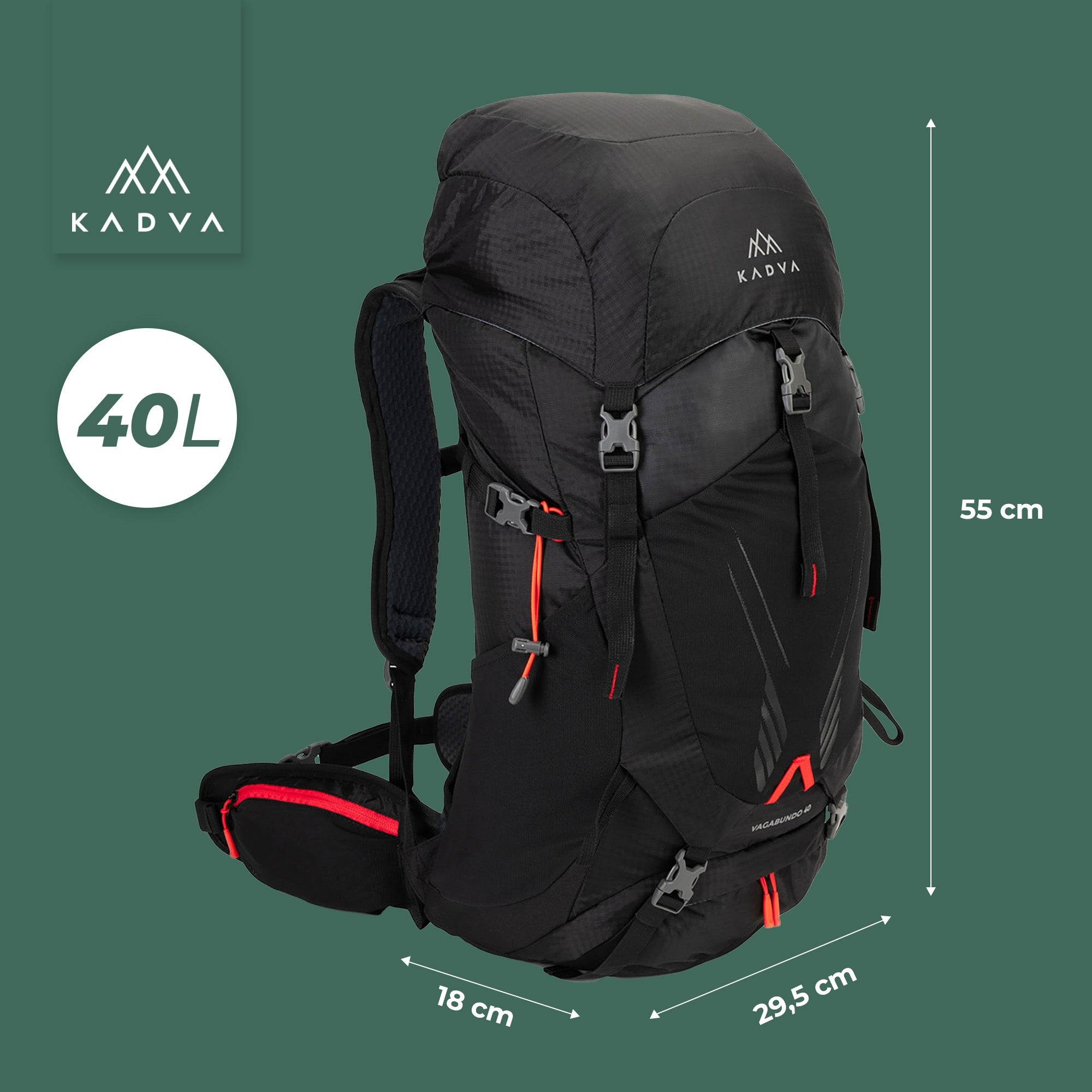 TOURIST BACKPACK KADVA VAGABUNDO 40l BLACK MOUNTAIN TREKKING COVER Packaging status original