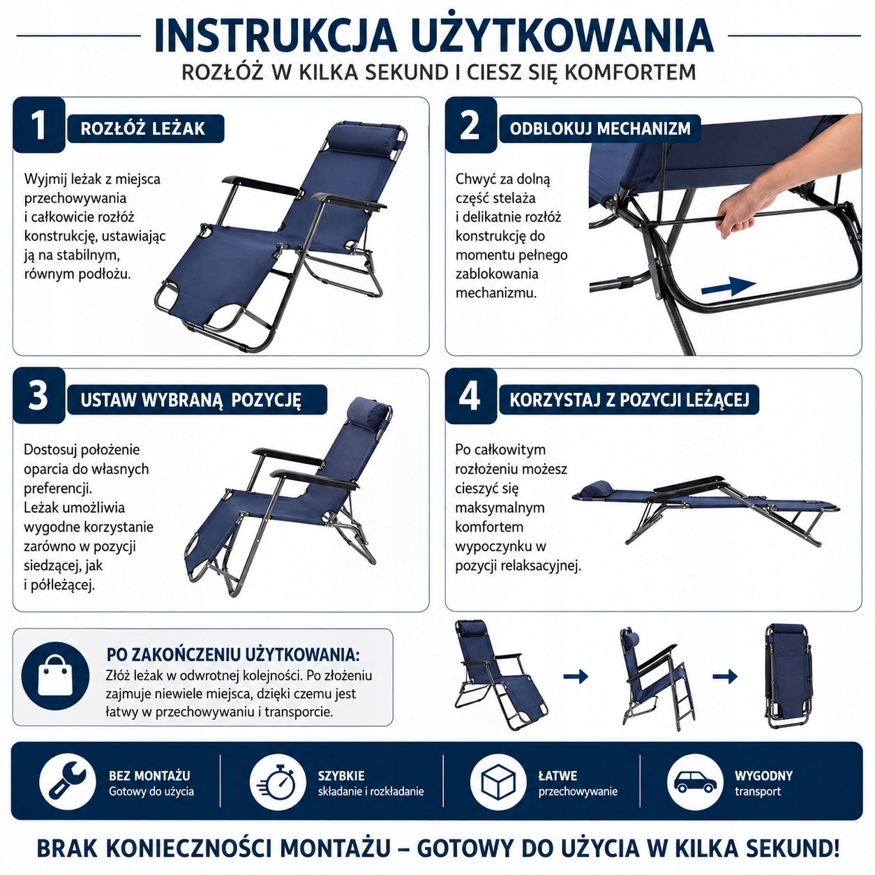TOURIST BEACH CHAIR NAVY BLUE Brand Luverno