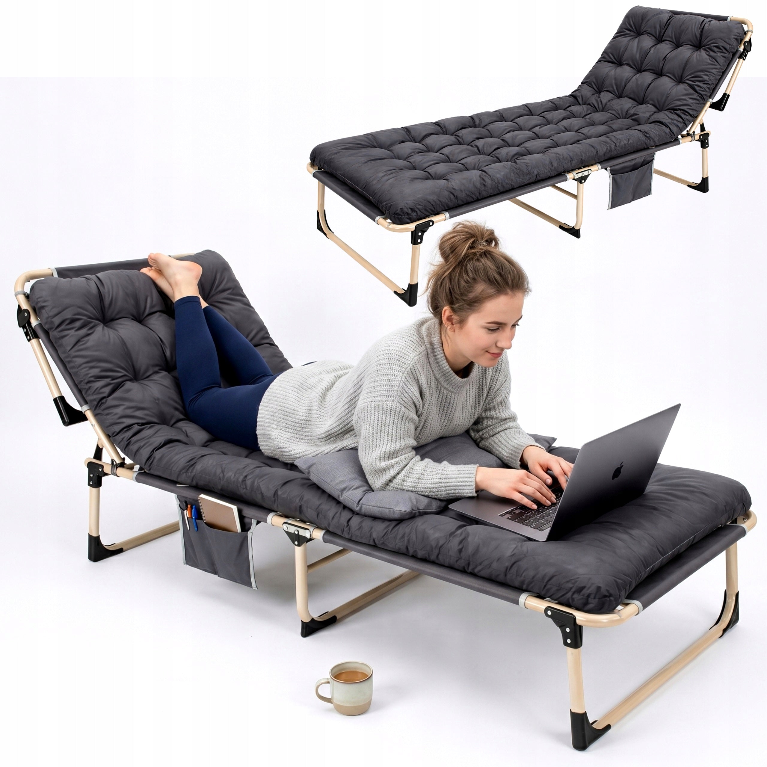 TOURIST BED FOLDING FIELD COUCH LOUNGER WITH MATTRESS CUSHION GREY Manufacturer code ŁÓŻKO TURYSTYCZNE LEŻAK SKŁADANY