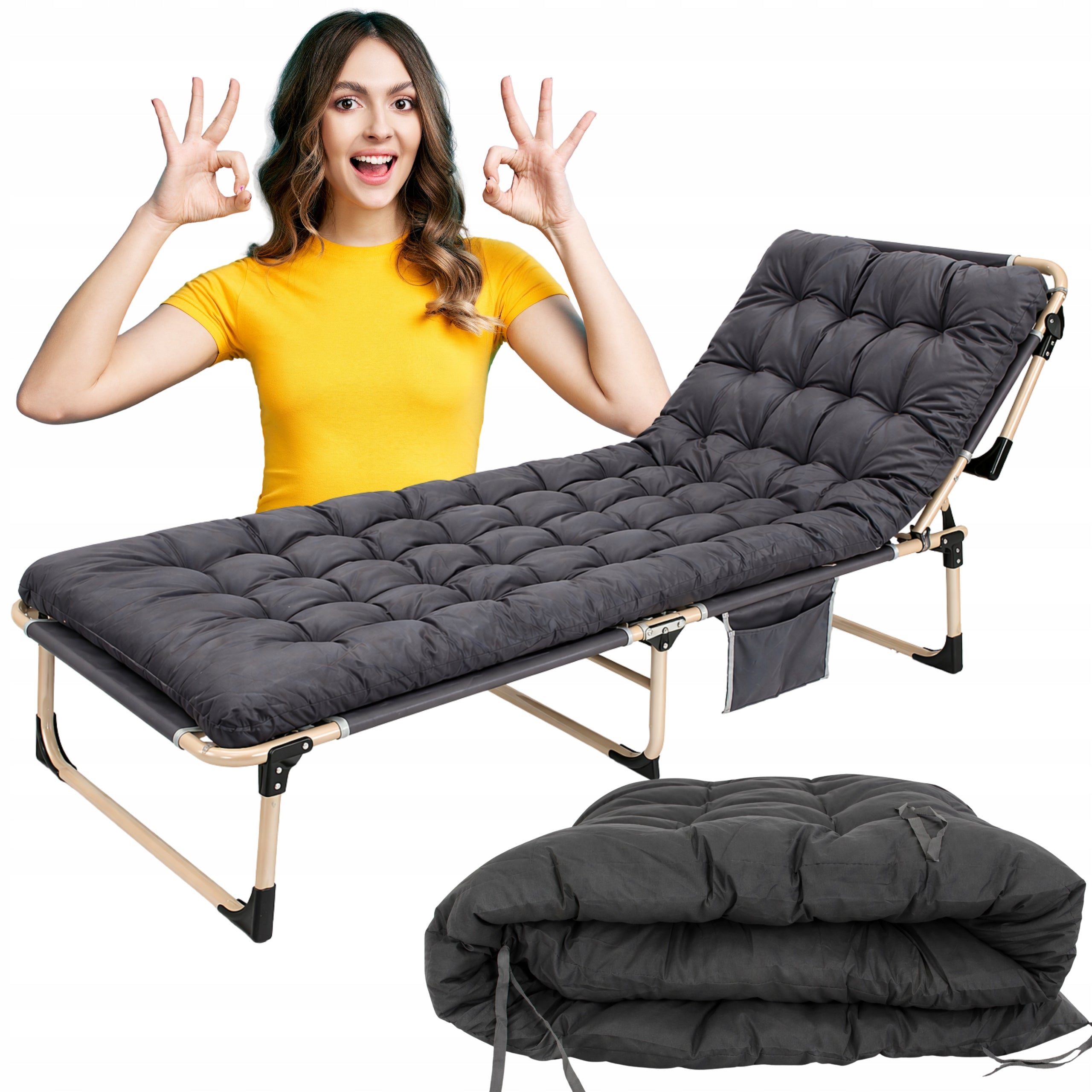 TOURIST BED FOLDING FIELD COUCH LOUNGER WITH MATTRESS CUSHION GREY Packaging status original