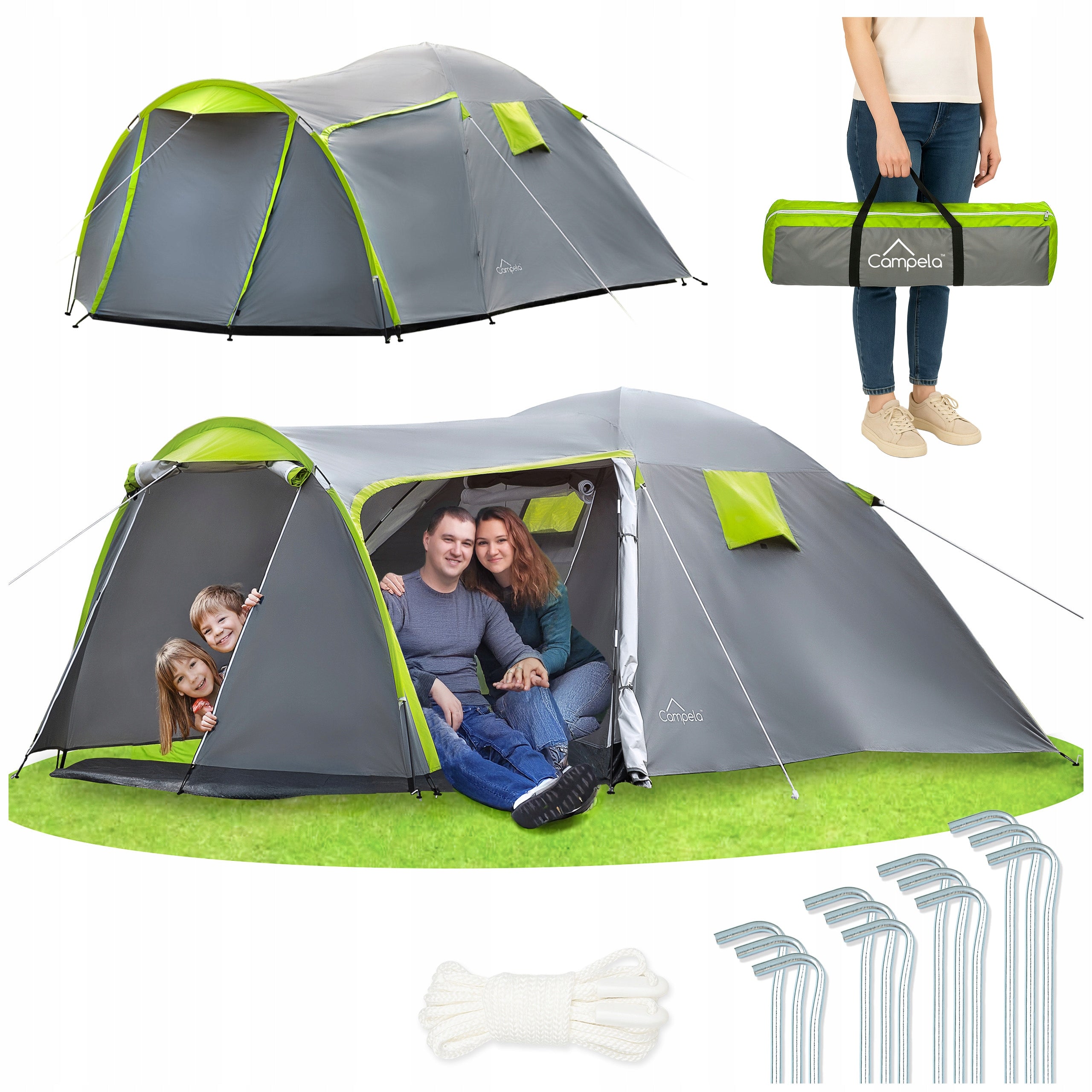 TOURIST TENT 4 PERSON FAMILY CAMPING WATERPROOF CAMPELA Manufacturer code CA0013GRN