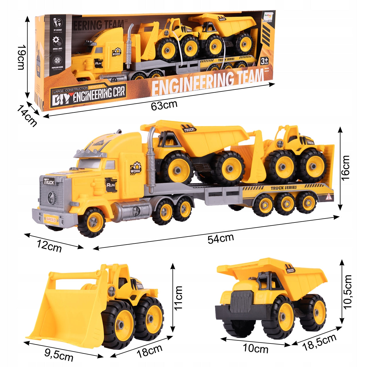 TOW TRUCK CAR BULLDOZER DUMP TRUCK UNSCREWABLE VEHICLES FOR ASSEMBLY Brand MalPlay