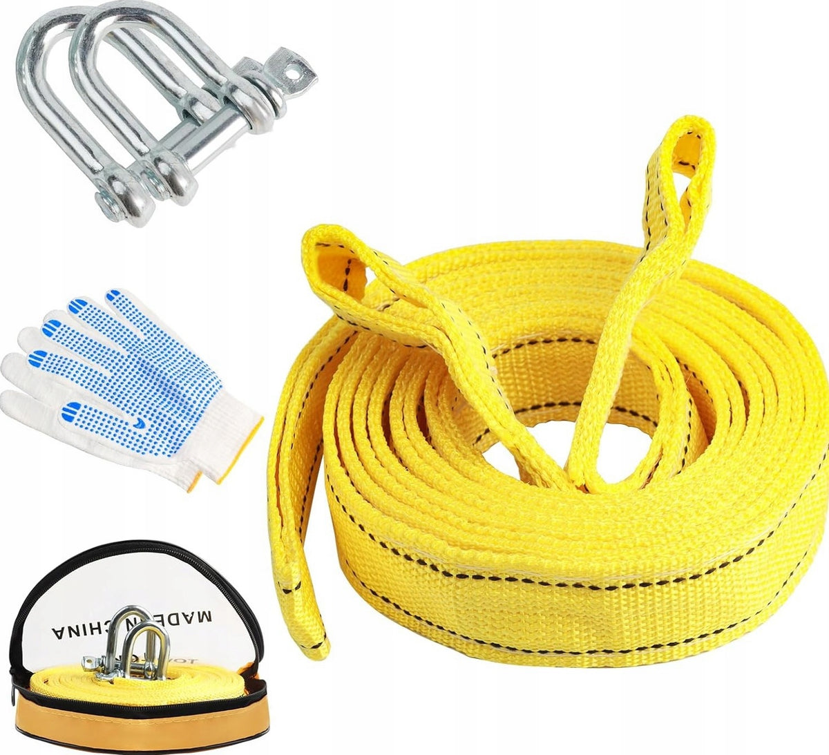 TOWING ROPE 4 M 5 TONS BELT WINCH SET HOOKS GLOVES BAG
