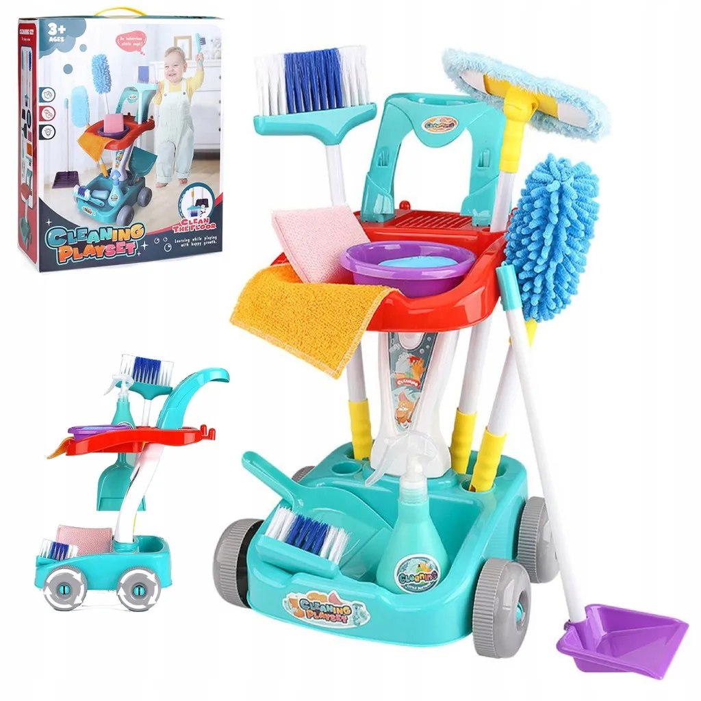 TOY CLEANING KIT TROLLEY SWEEPER SPONGE MOP TELESCOPIC BROOM
