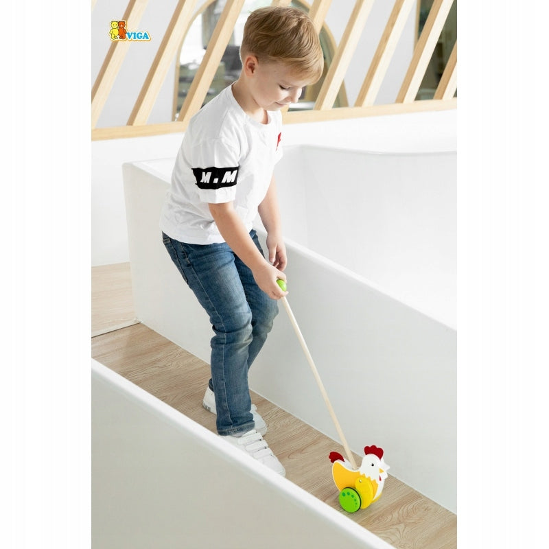 TOY COCKEREL PUSHER ON STICK COMPANION WALKS VIGA FOR THE YOUNGEST Color multicolor