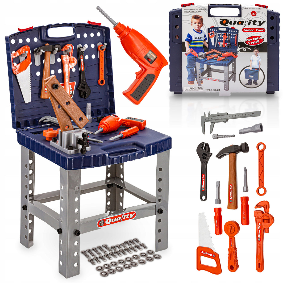 TOY Carpentry workshop Suitcase Table Tools for children Wrenches Saw