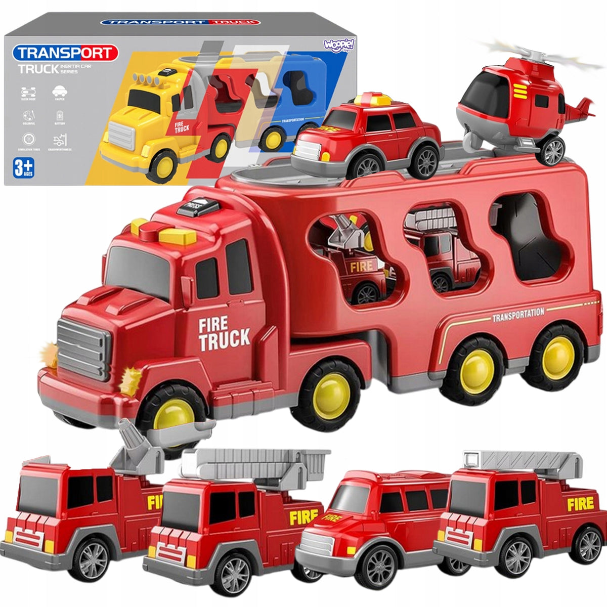 TOY FIRE TRUCK 5 CARS SOUND EFFECTS AND LIGHT CAR TOW TRUCK