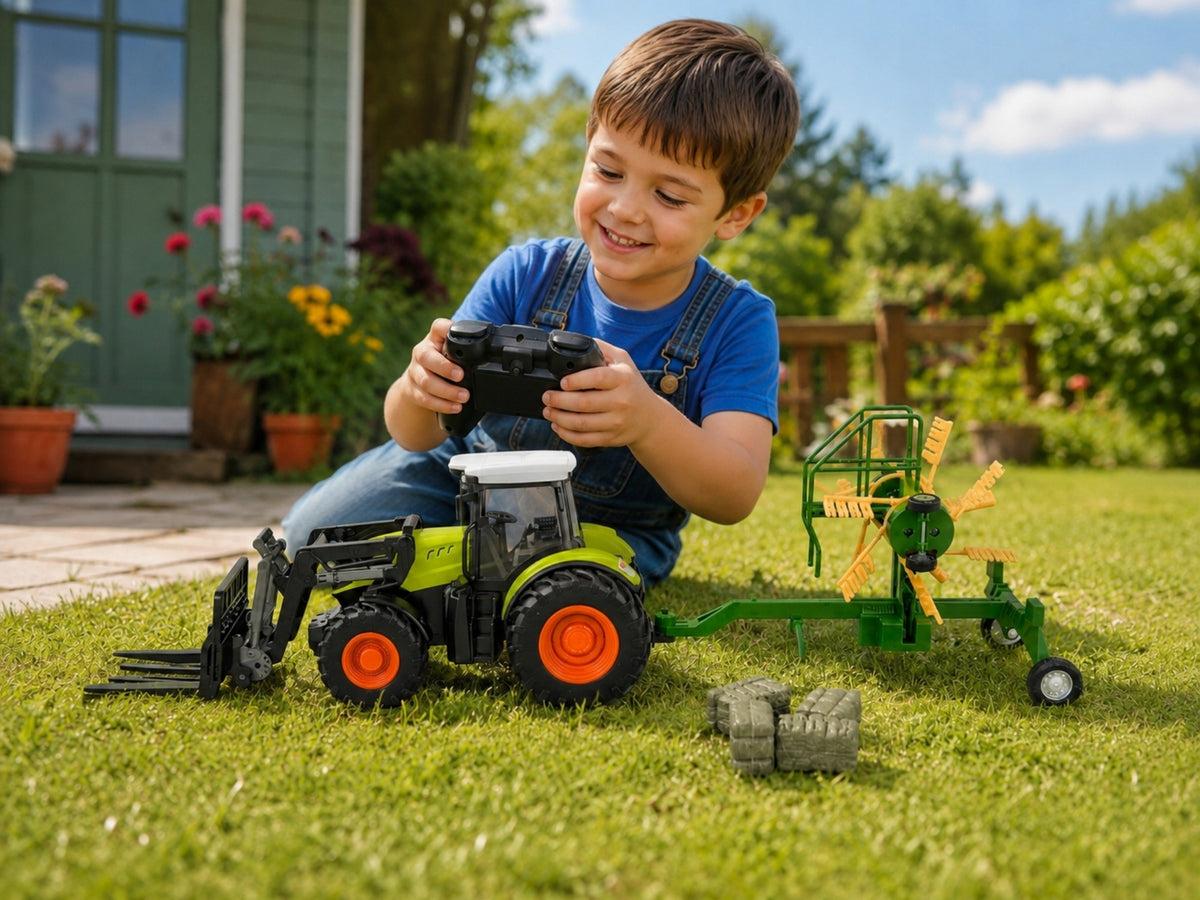 TRACTOR REMOTE CONTROLLED TRAILER RAKE 4in1 1:24 FARM COW SHEEP Packaging status original