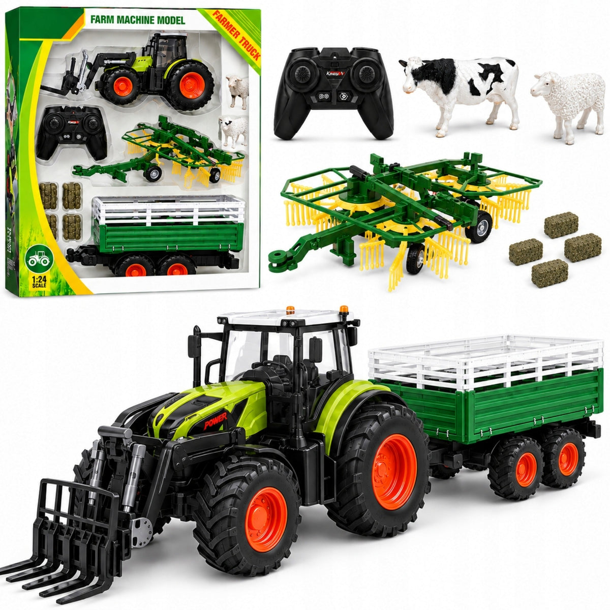 TRACTOR REMOTE CONTROLLED TRAILER RAKE 4in1 1:24 FARM COW SHEEP