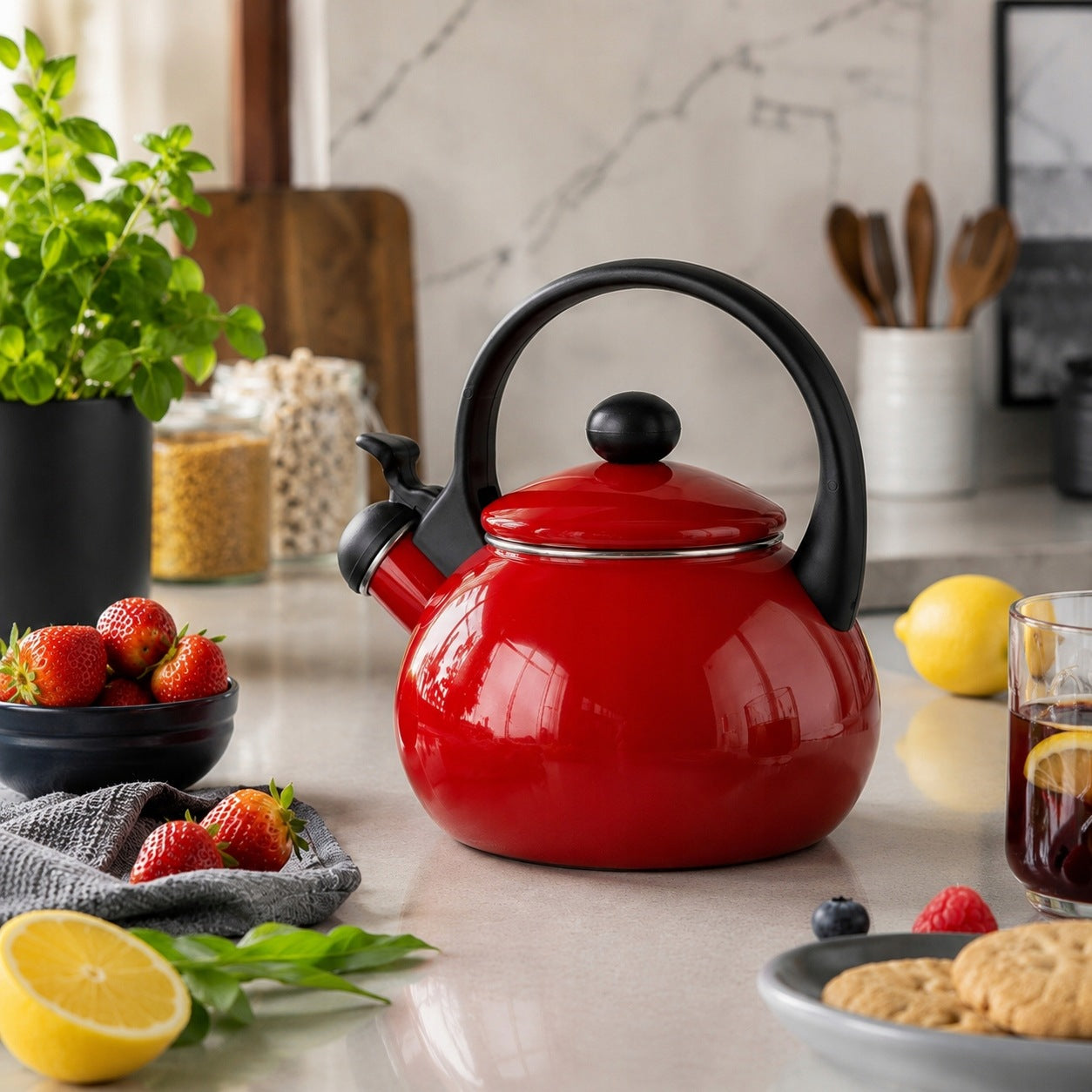 TRADITIONAL ENAMEL KETTLE WITH WHISTLE GAS INDUCTION RED 2,2L Packaging status original