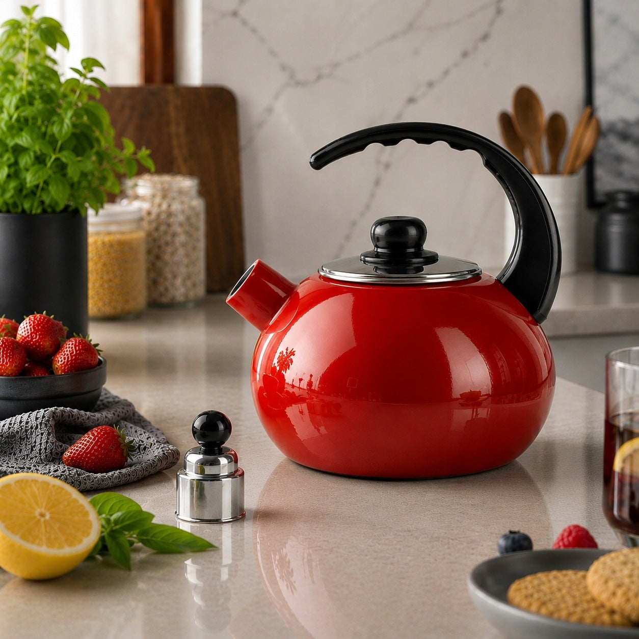 TRADITIONAL ENAMEL KETTLE WITH WHISTLE GAS INDUCTION RED 2,5L Brand Silesia Emalia