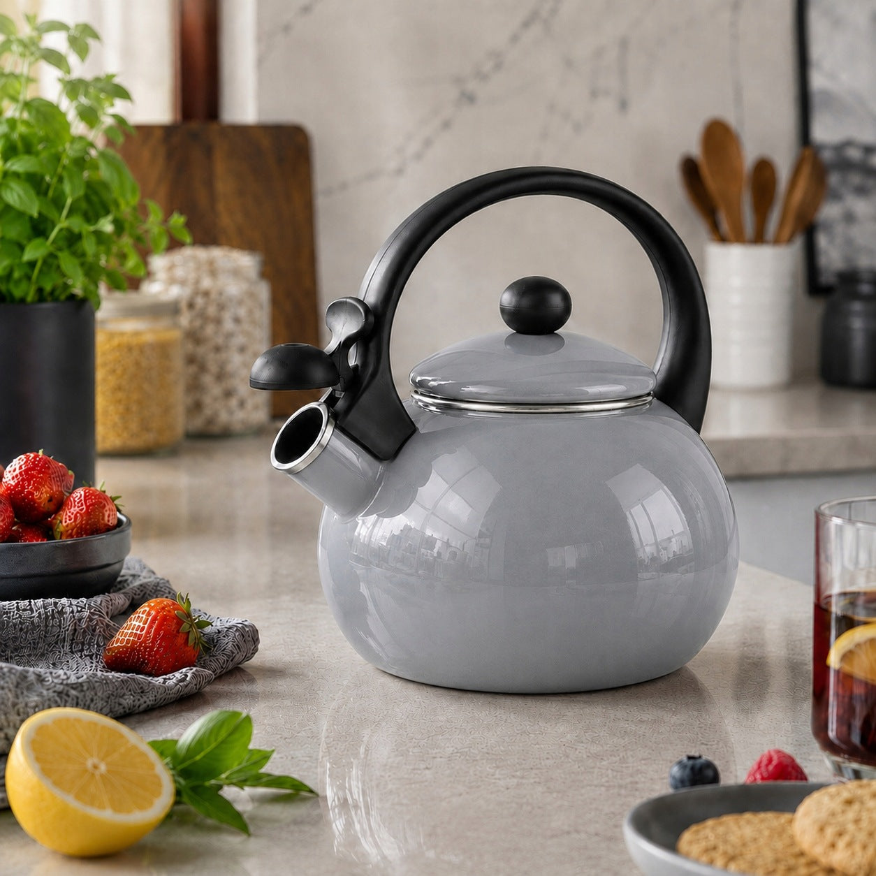 TRADITIONAL ENAMEL KETTLE WITH WHISTLE JANOSIK GAS INDUCTION GREY 2,2L Brand Silesia Emalia