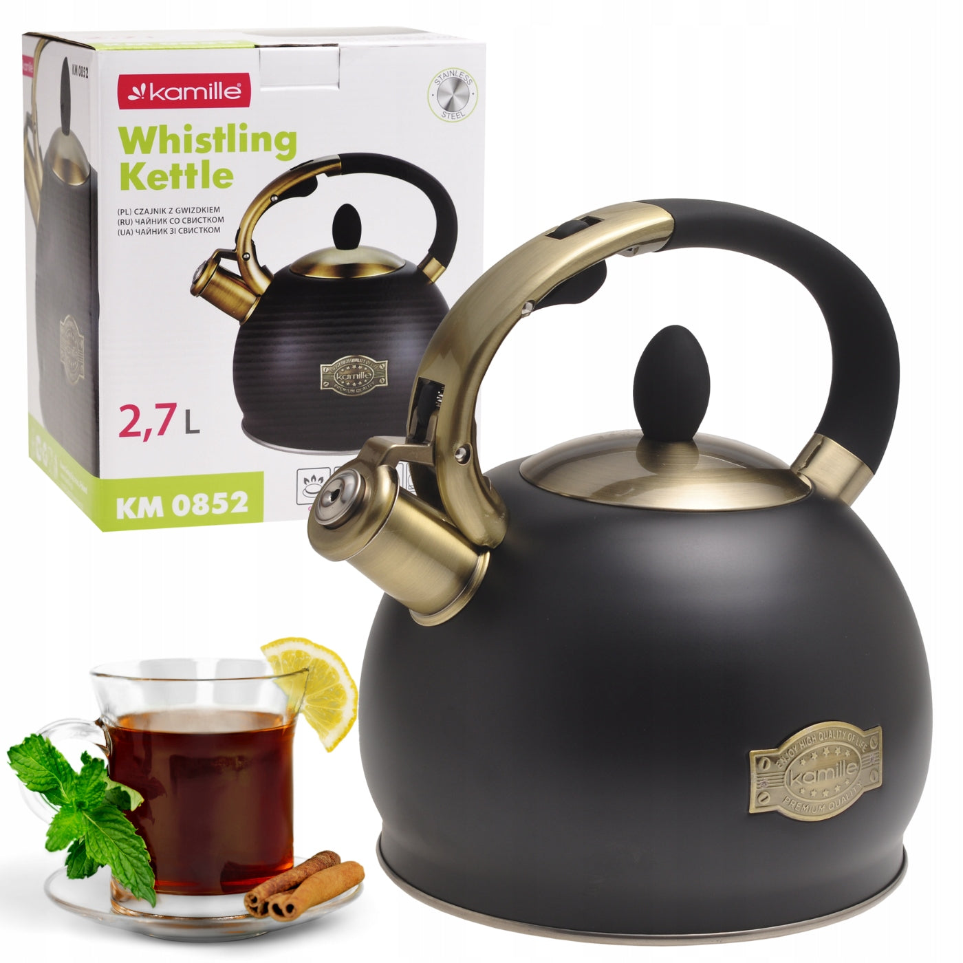 TRADITIONAL STEEL KETTLE WITH WHISTLE 2,7 L FOR GAS INDUCTION BLACK KAMILLE Manufacturer code KM0852