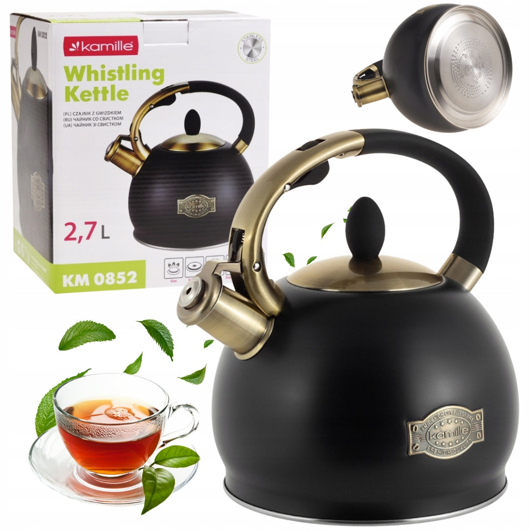TRADITIONAL STEEL KETTLE WITH WHISTLE 2,7 L FOR GAS INDUCTION BLACK KAMILLE
