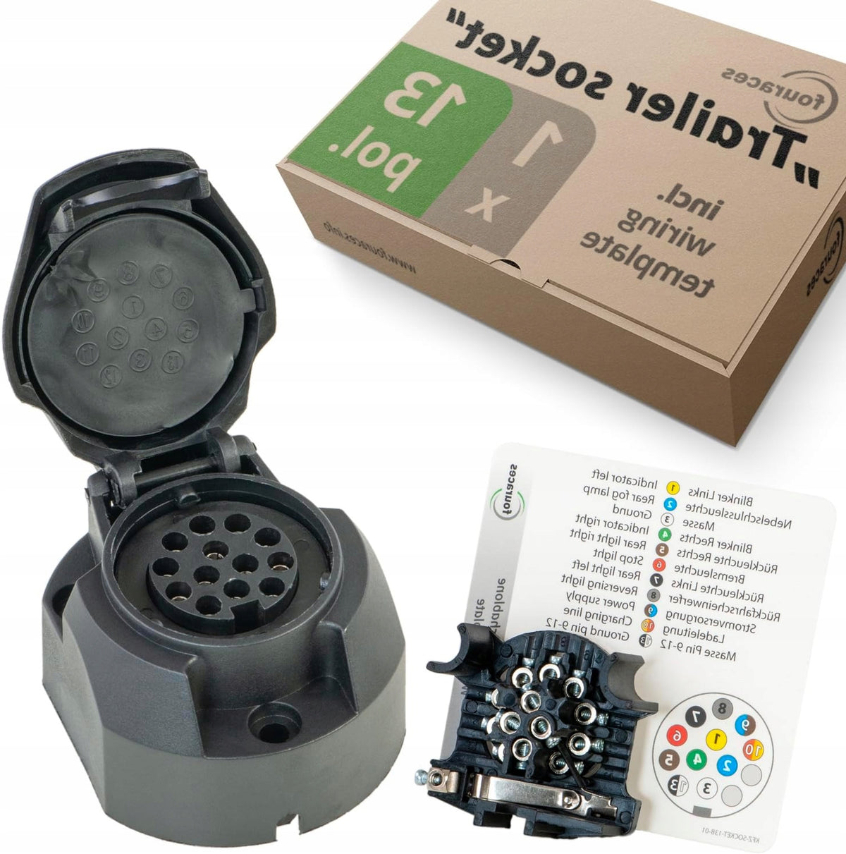 TRAILER SOCKET 13 PIN WITH TEMPLATE WATERPROOF PLASTIC HOUSING