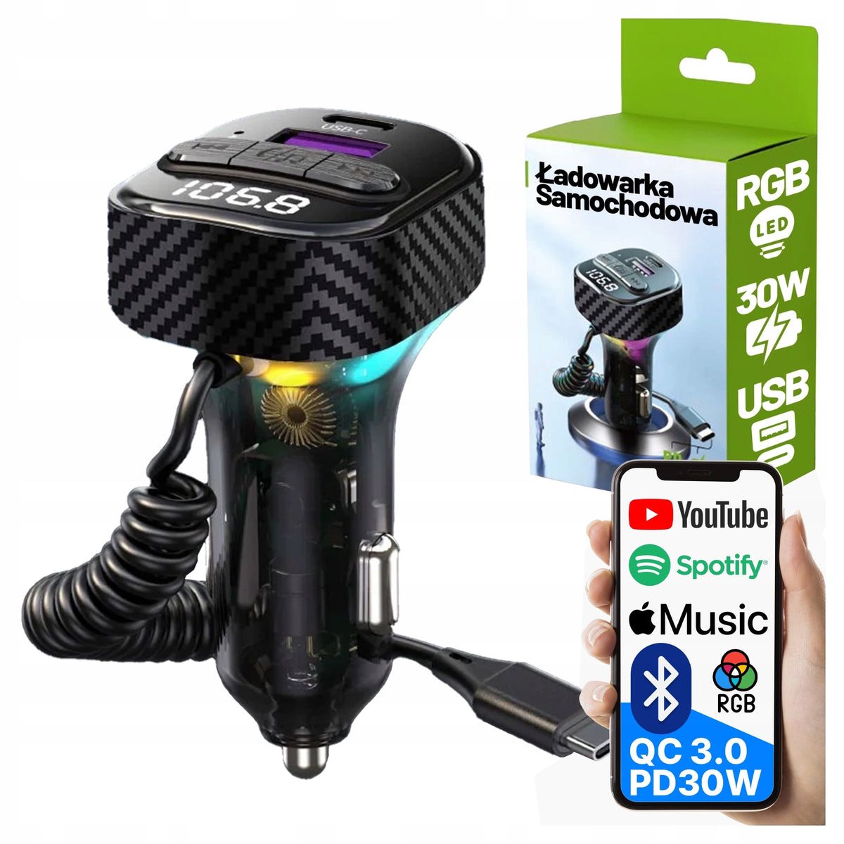 TRANSMITTER FM BLUETOOTH CAR CHARGER 30W BT 5.3 QC3.0 USB-C CABLE Manufacturer code Ładowarka samochodowa z transmiterem 79690
