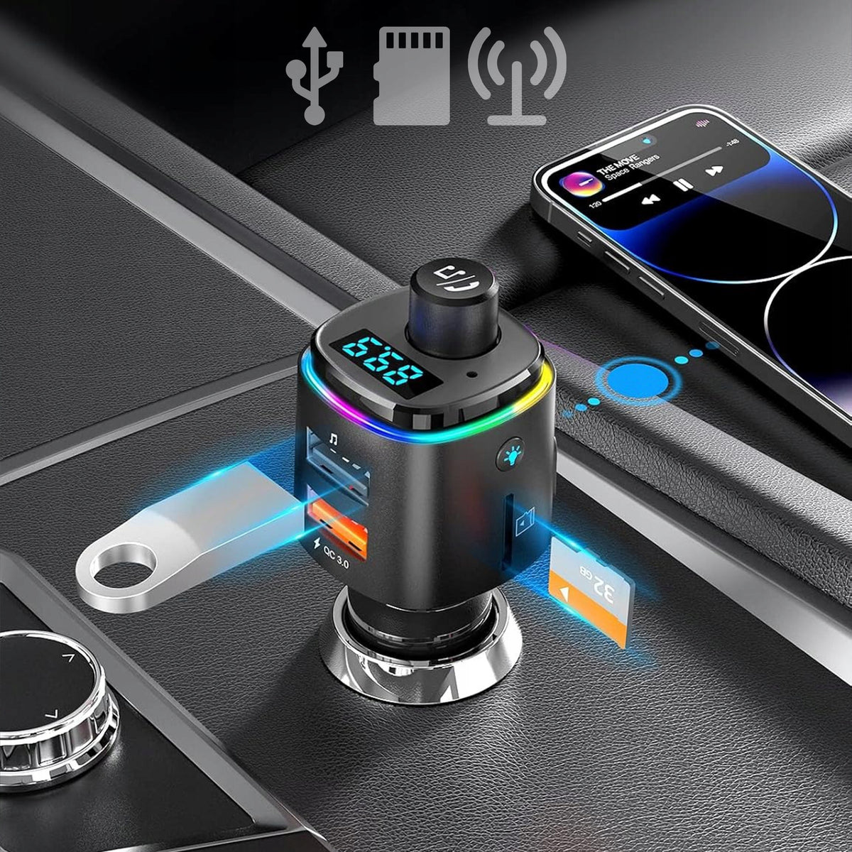 TRANSMITTER FM BLUETOOTH CHARGER BT USB TYP-C QC 3.0 + PD 23W BASS LED MP3 Packaging status original